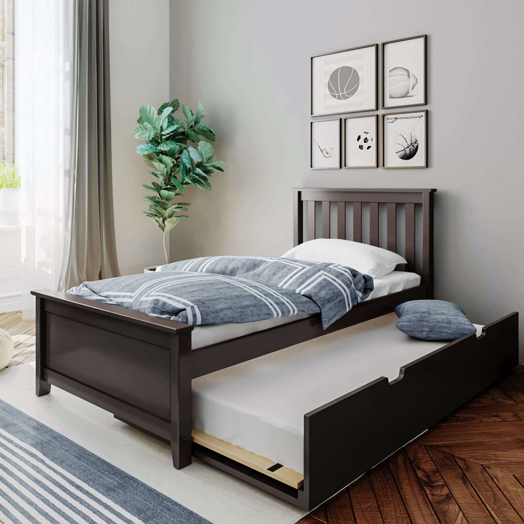 Max & Lily Twin Bed, Wood Bed Frame with Headboard For Kids with Trundle, Slatted, Espresso, Espresso, Twin, Bed with Trundle