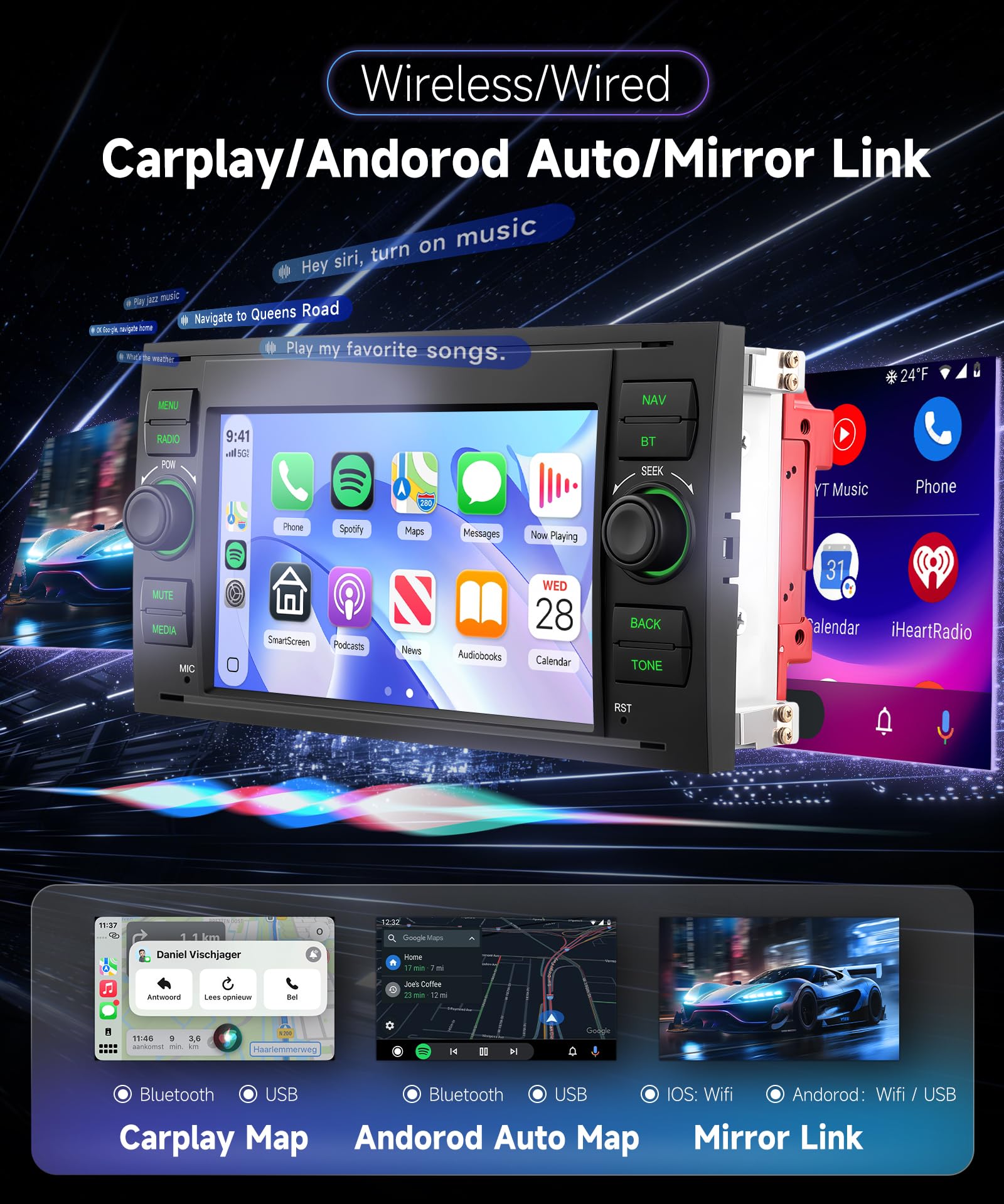 Hodozzy Radio samochodowe do Ford Transit Fiesta Focus z bezprzewodowym Carplay Android Auto,7-calowy ekran z Bluetooth/RDS, radiem, SWC/USB/GPS/EQ/Mirror Link, kamera cofania