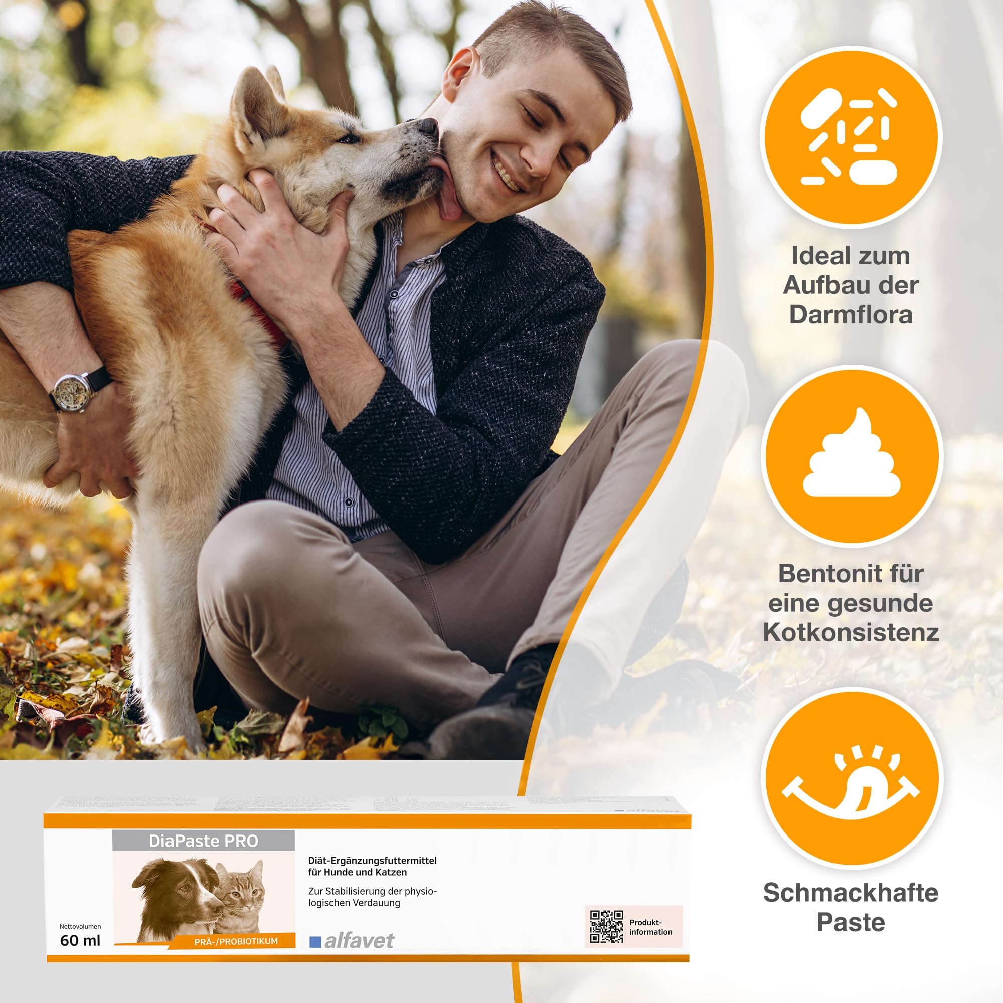 Alfavet DiaPaste Pro mit Injektor | 60 ml | Diät-Ergänzungsfuttermittel für Hunde und Katzen | Prä-/Probiotikum zur Stabilisierung der physiologischen Verdauung & der Darmflora