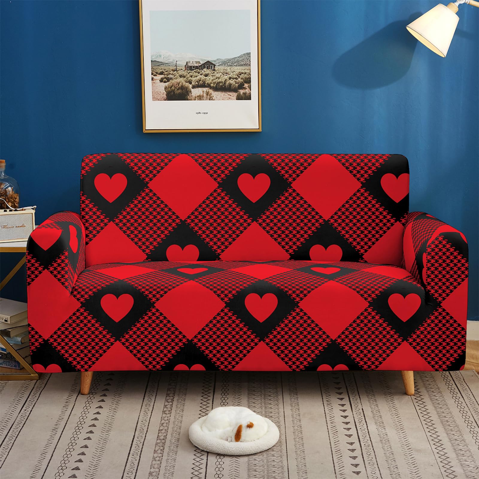 Housse Canapé 3 Places Cœur Rouge Housse Canapé Extensible 1 Places,avec Accoudoirs,Super Élastique Sofa Cover,Antidérapante,Antisalissure,Lavable