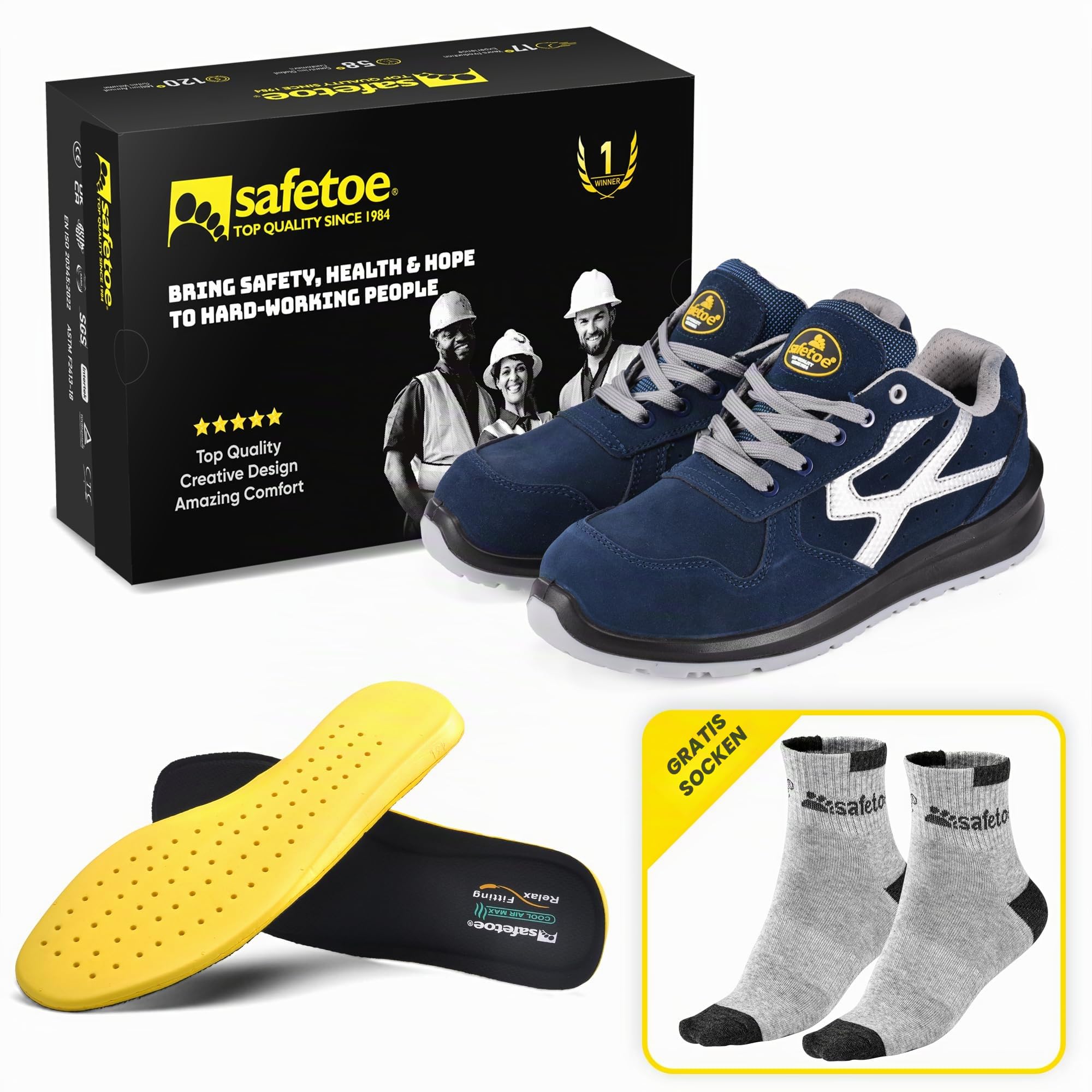 SAFETOE Herren Arbeitsschuhe S1P L7328 - Leichte Sicherheitsschuhe mit Composite-Kappe - Wasserdichtes Blaues Leder - Für Extremer Komfort & Arbeit
