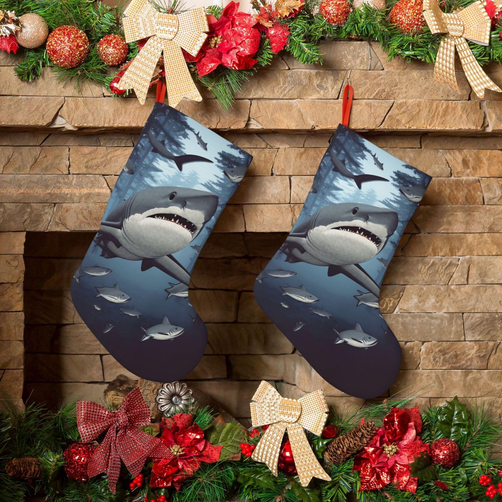 Funny Sharks Design Christmas Stockings 18 Inches Velvet Xmas Fireplace Hanging Stocking Rustic Christmas Santa Stockings for Home Christmas Decorations Party Favor Supplies