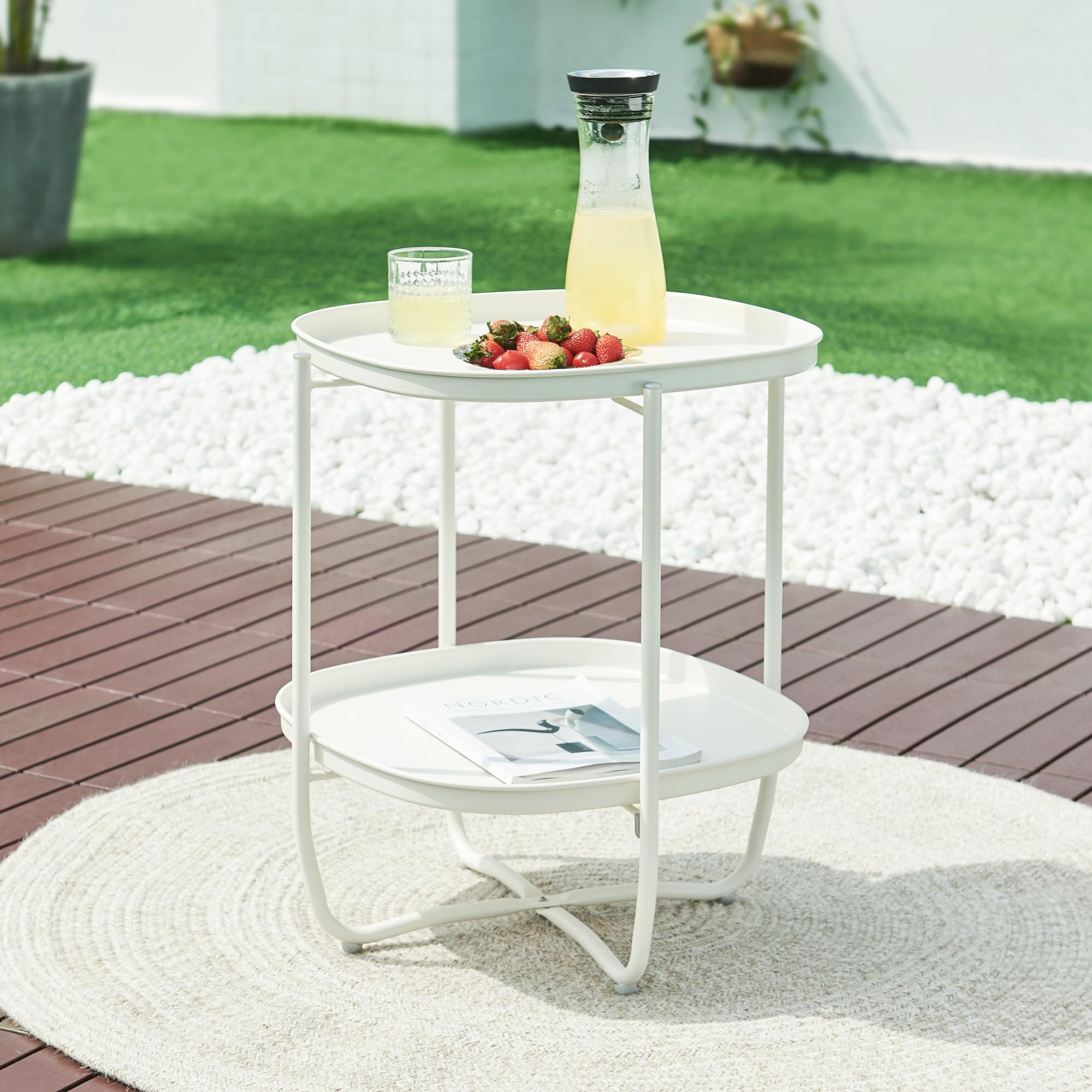 [en.casa] Mesita de Jardín Sandefjord Mesa de Café de Patio con 2 Bandejas Extraíbles Estilo Moderno Mueble de Jardín Terraza Balcón Acero 57,5 x 46 x 46 cm - Blanco