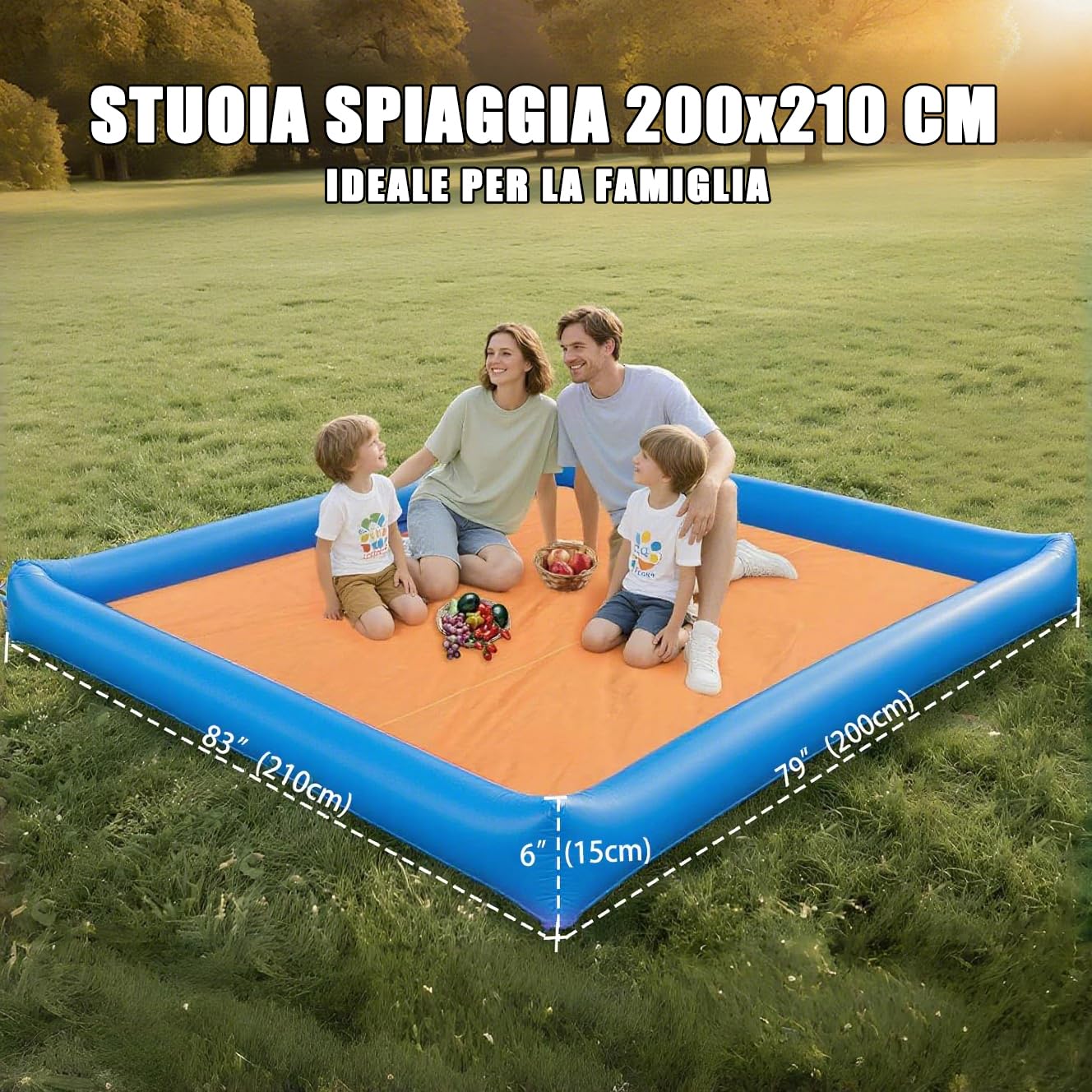 Stuoia Spiaggia, 200 X 210 cm con Telo Spiaggia Antisabbia, Impermeabile Telo Mare Grande con Cuscini Gonfiabili 15 cm, Stuoia Mare si Trasforma in Tendina, Stuoia Campeggio, Coperta Picnic