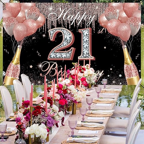 Miniatura 6 de Decoraciones de cumpleaños 21 para ella, pancarta de feliz cumpleaños 21, telón de fondo de oro rosa, fiesta de cumpleaños de 21 años, letrero de
