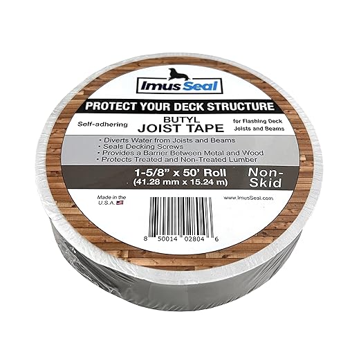 Imus Seal® Butyl Joist Tape for Flashing Deck Joists and Beams, UV Resistant, Level Decking™, Protect Your Deck Structure™, Made in USA (1-5/8” x 50’ Non-Skid)