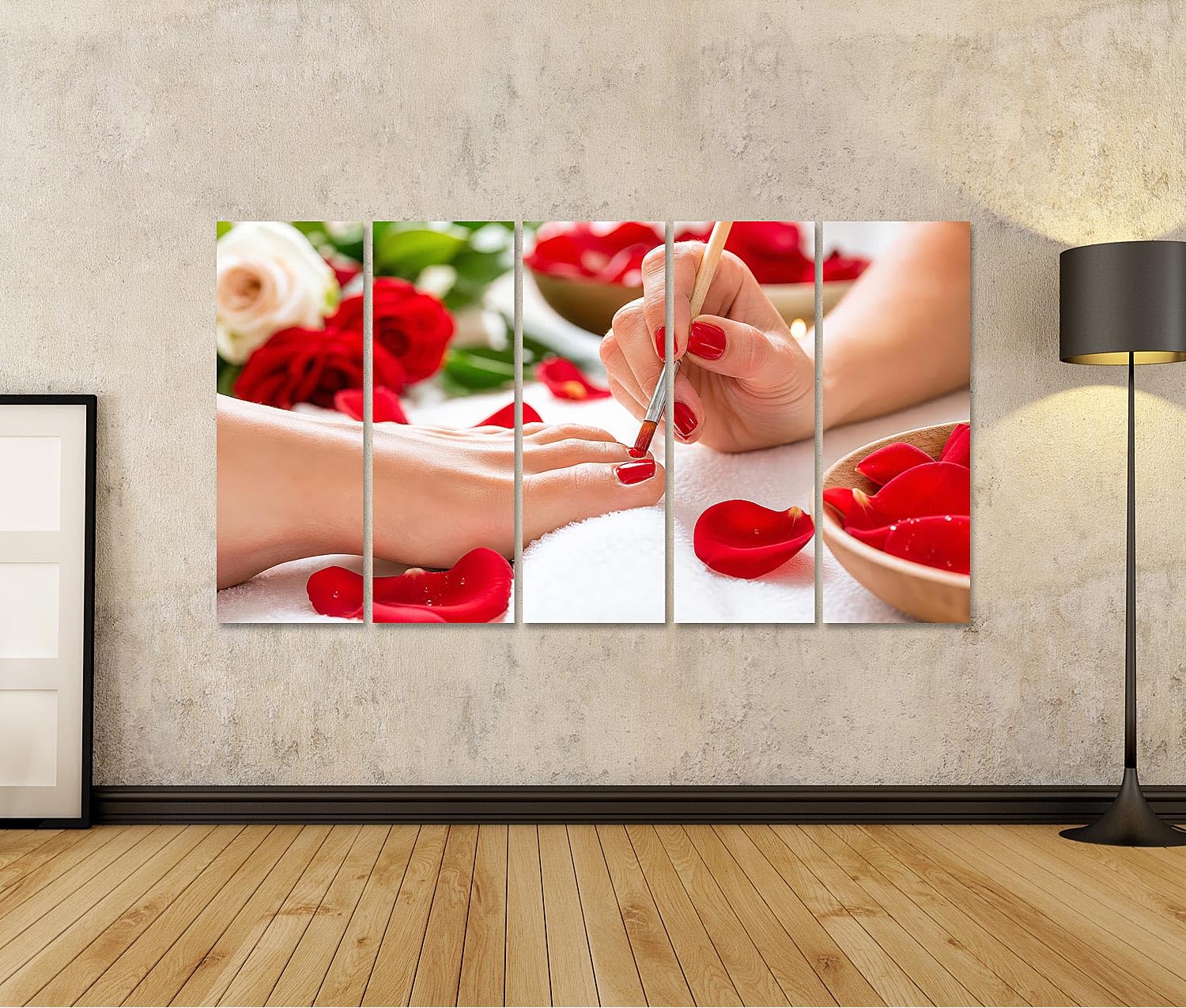 islandburner Bild auf Leinwand Luxuriöse Pediküre Wellness-Kunstdruck für Badezimmer Entspannungsliebhaber - 5-teilig XXL