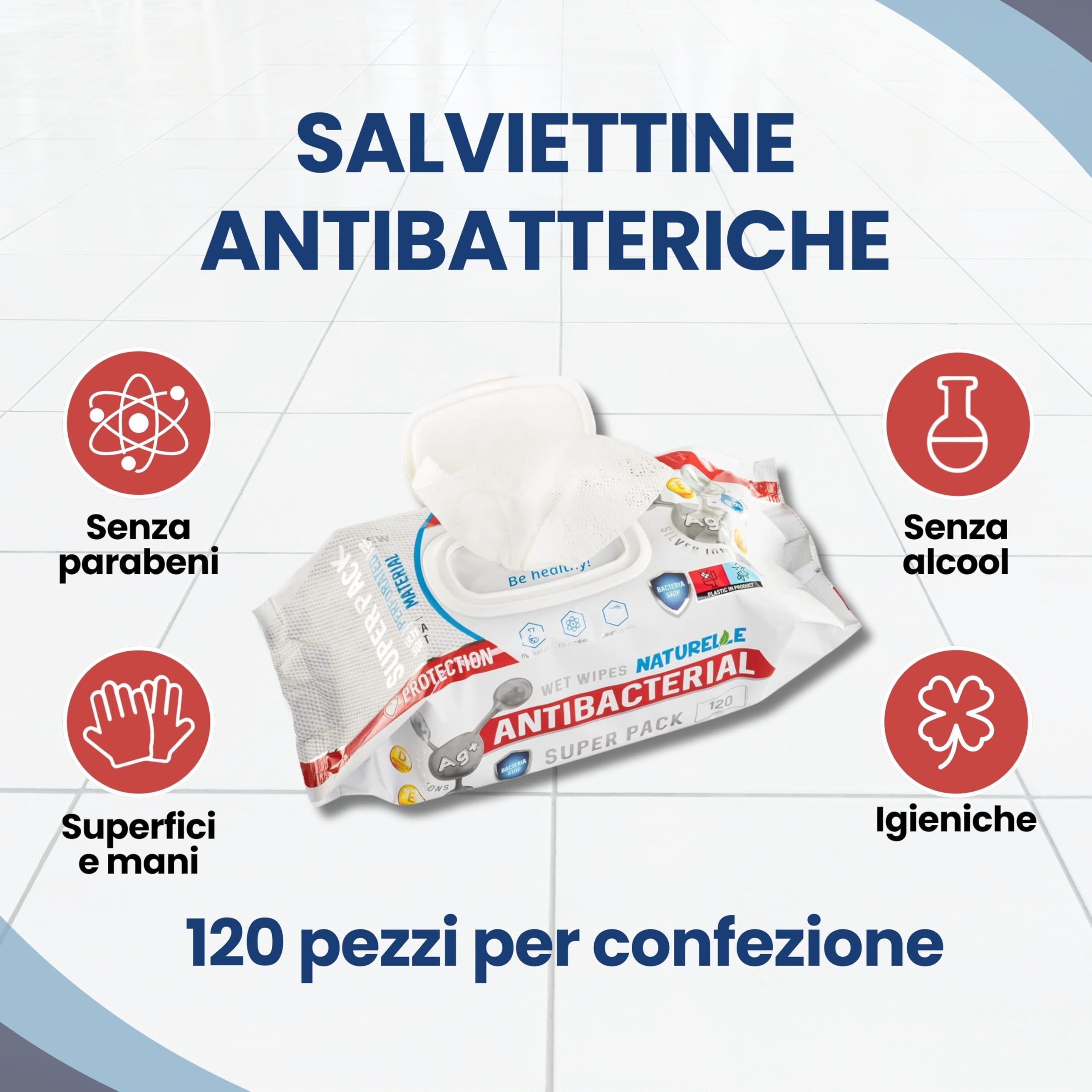 Naturelle Salviettine umidificate antibatteriche - Reti per superfici e mani, 1440 salviette (12 confezioni da 120)