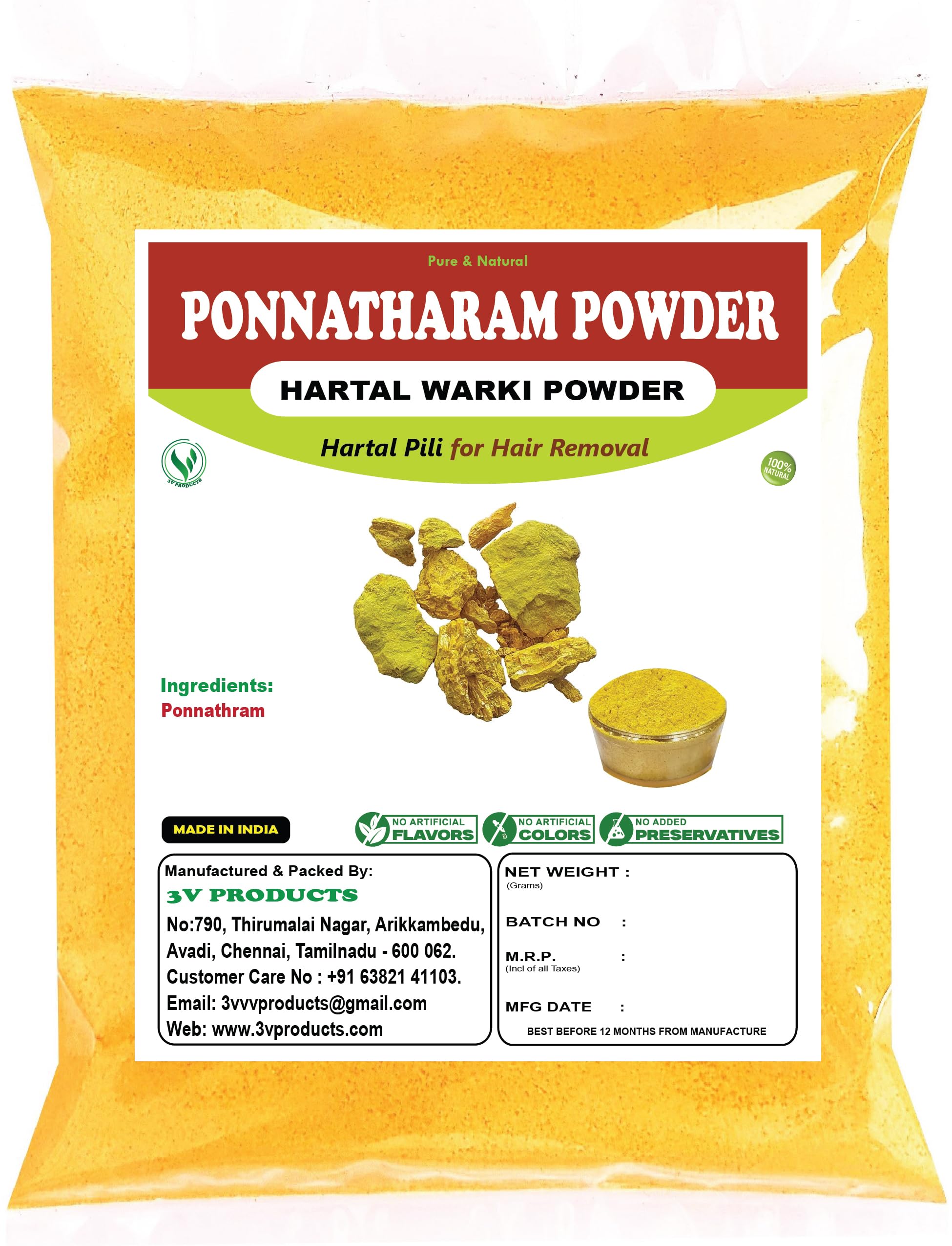 3V PRODUCTS Ponnatharam Powder 200Gm | Hartal Warki | Hartal Varki | Hartal Pili | Harita Manjari | 100% Hair Removal | No Pain | No Side Effects | Suitable for Womens, Girls, Boys | Unisex (Pack Of 2x100Gm)-image-32
