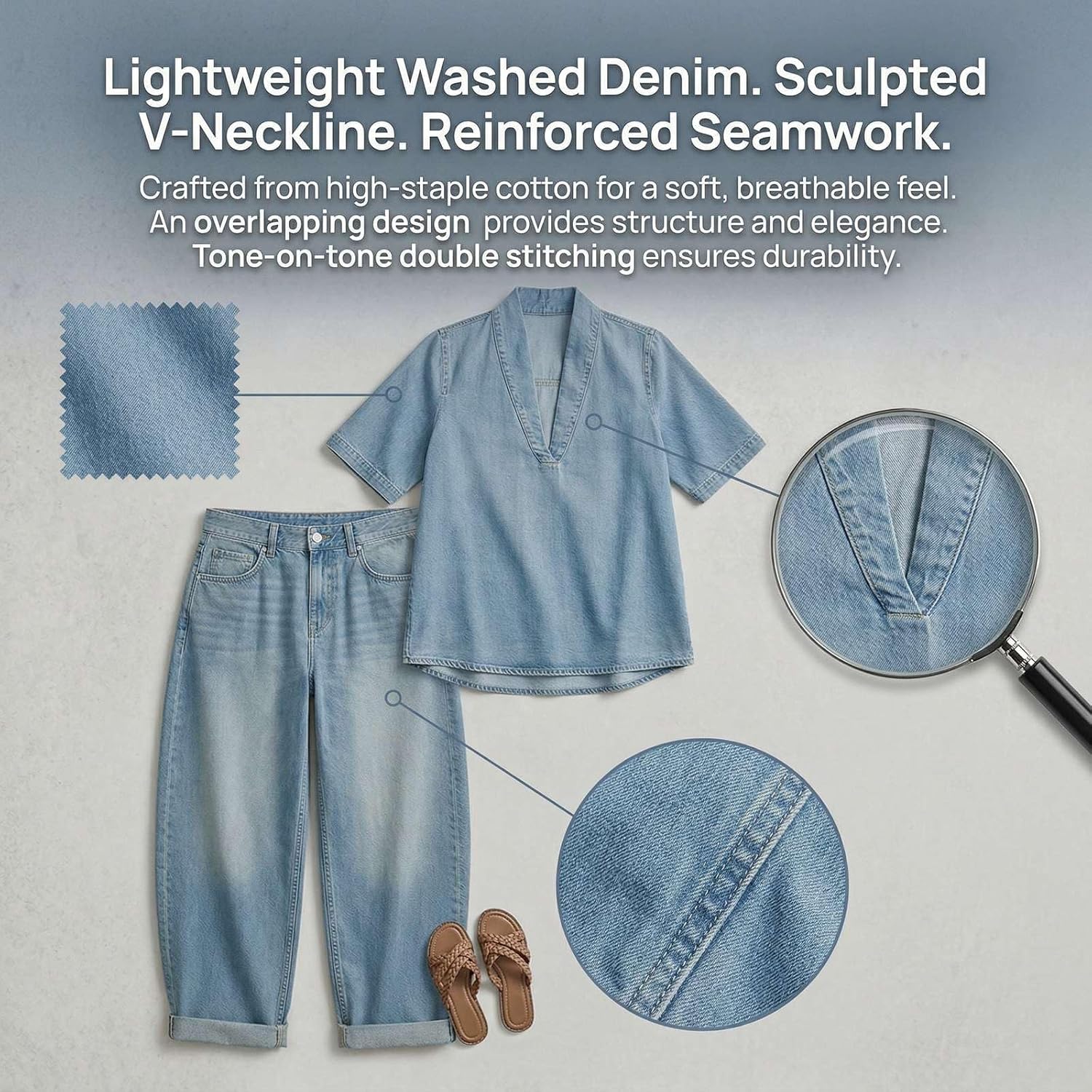 Women's Minimalist Cozy Short-sleeved Top Wide-leg Jeans Denim Set Casual Summer Vacation Beach Travel Fashion 2026