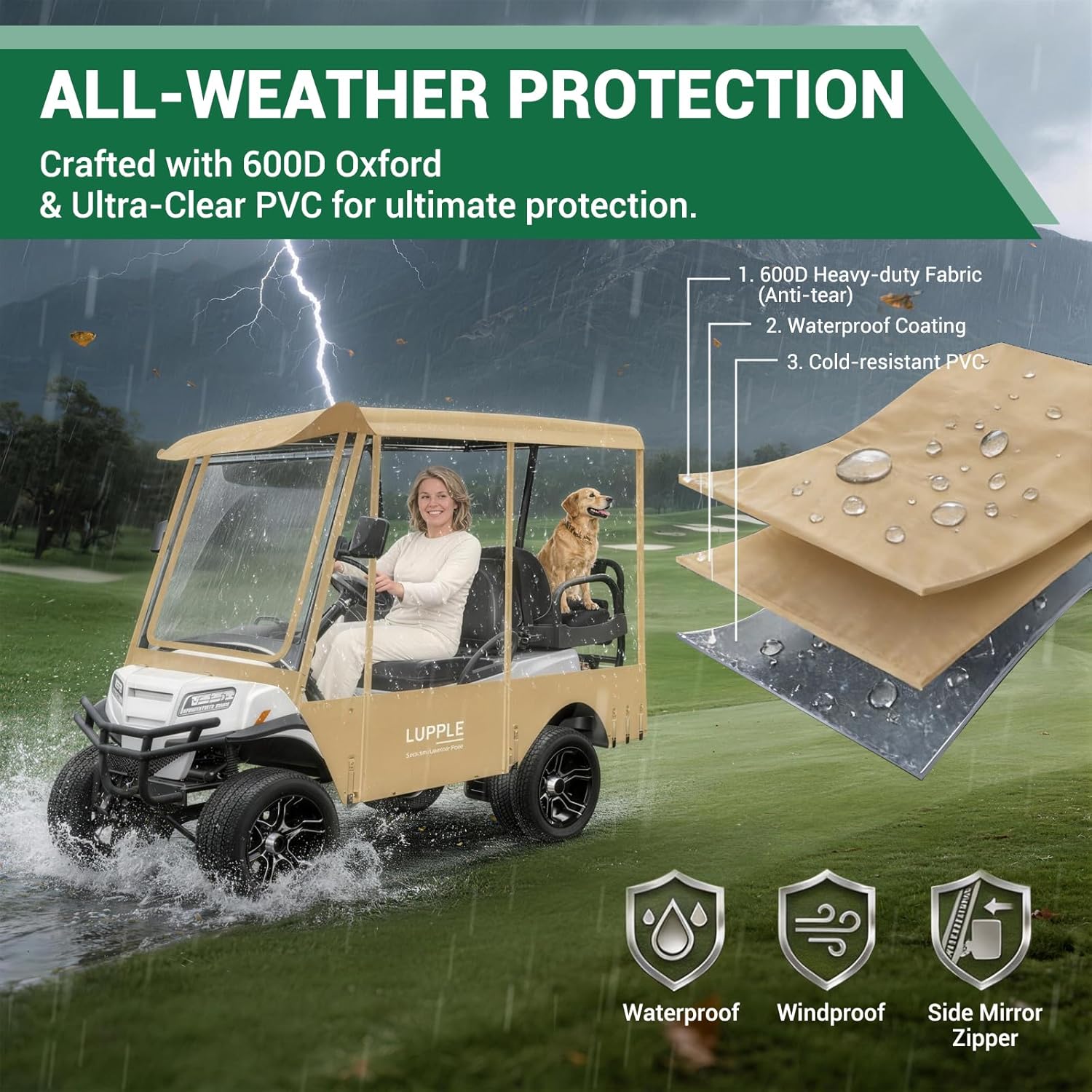 Universal 80 Inch Golf Cart Enclosure for EZGO TXT RXV, Fit Club Car Onward Tempo, Golf Cart Enclosure 4 Passenger Extended Roof, 600D Waterproof Windproof Rain Cover Khaki