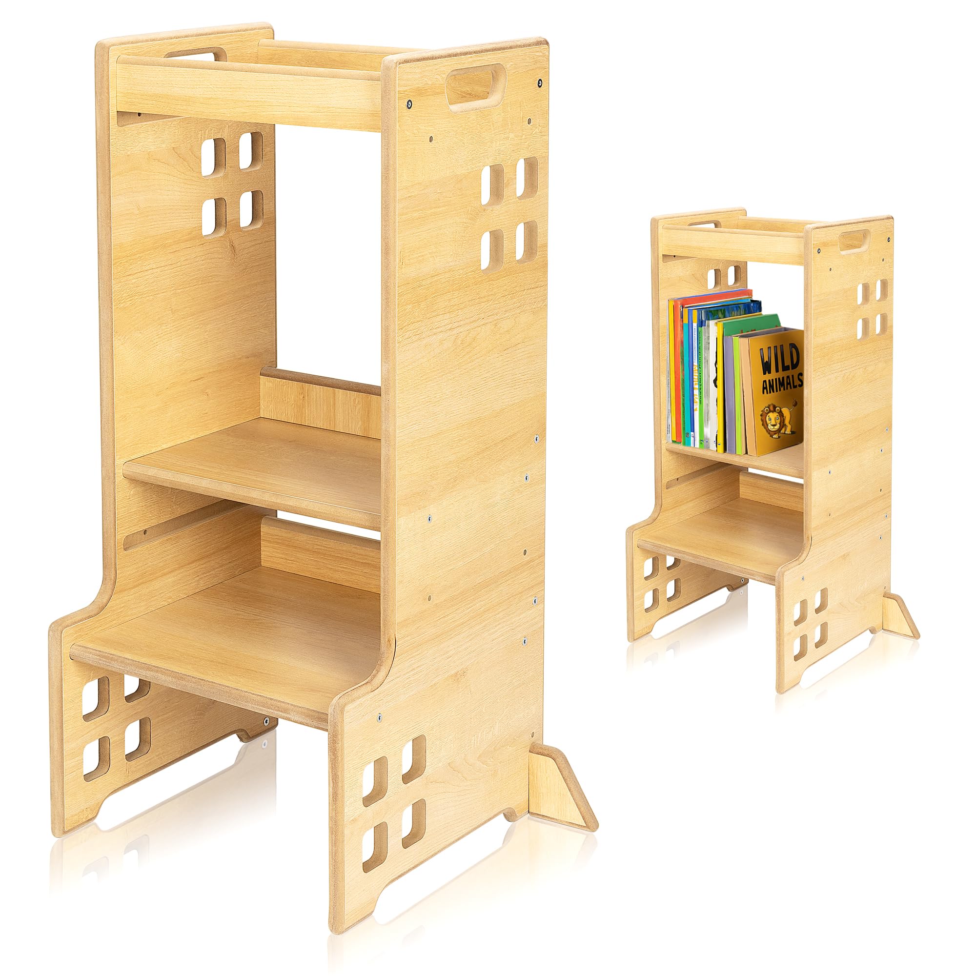 LIONELO CASS Kitchen Helper 2w1 Wieża Edukacyjna Montessori Od 1 Roku Regulacja Wysokości Barierka Ochronna Stabilny Stołek Do Kuchni Pólka na Książki Biblioteczka Do 30 Kg
