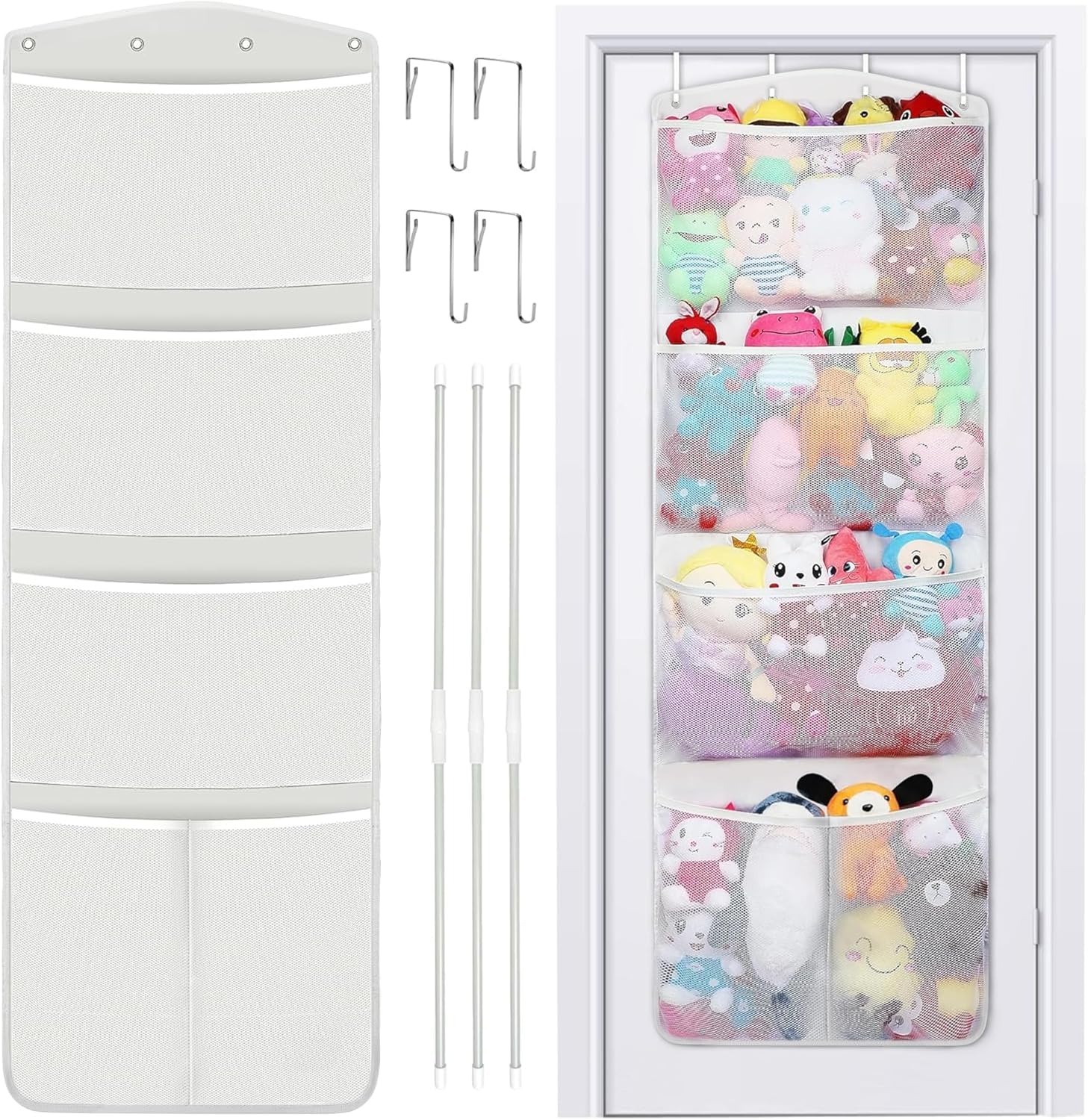 Rzmayis White Stuffed Animal Storage, With 3 Large Pockets And 2 Medium Pockets, Over The Door Organizer Storage For Closet, Baby, Plush Toy, Hanging Door Organizer For Nursery, Bedroom, Bathroom, Kids Room (White)