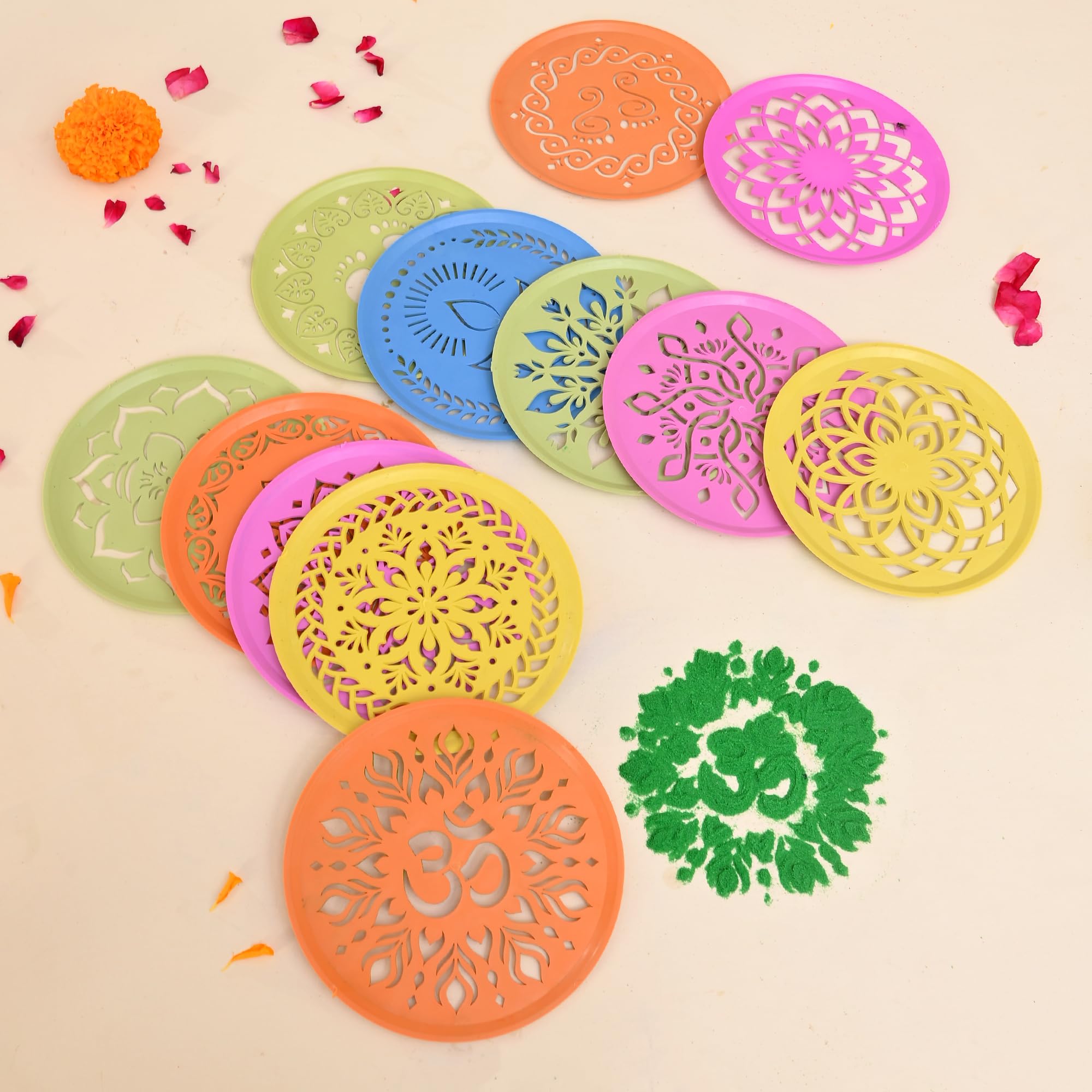CraftVatika Rangoli Kolam Stencil Set of 12, Diwali Decoration Items, Rangoli Making Stencils for Floor Decorations, Reusebale Rangoli Stencils (15.5 CM Round) 1
