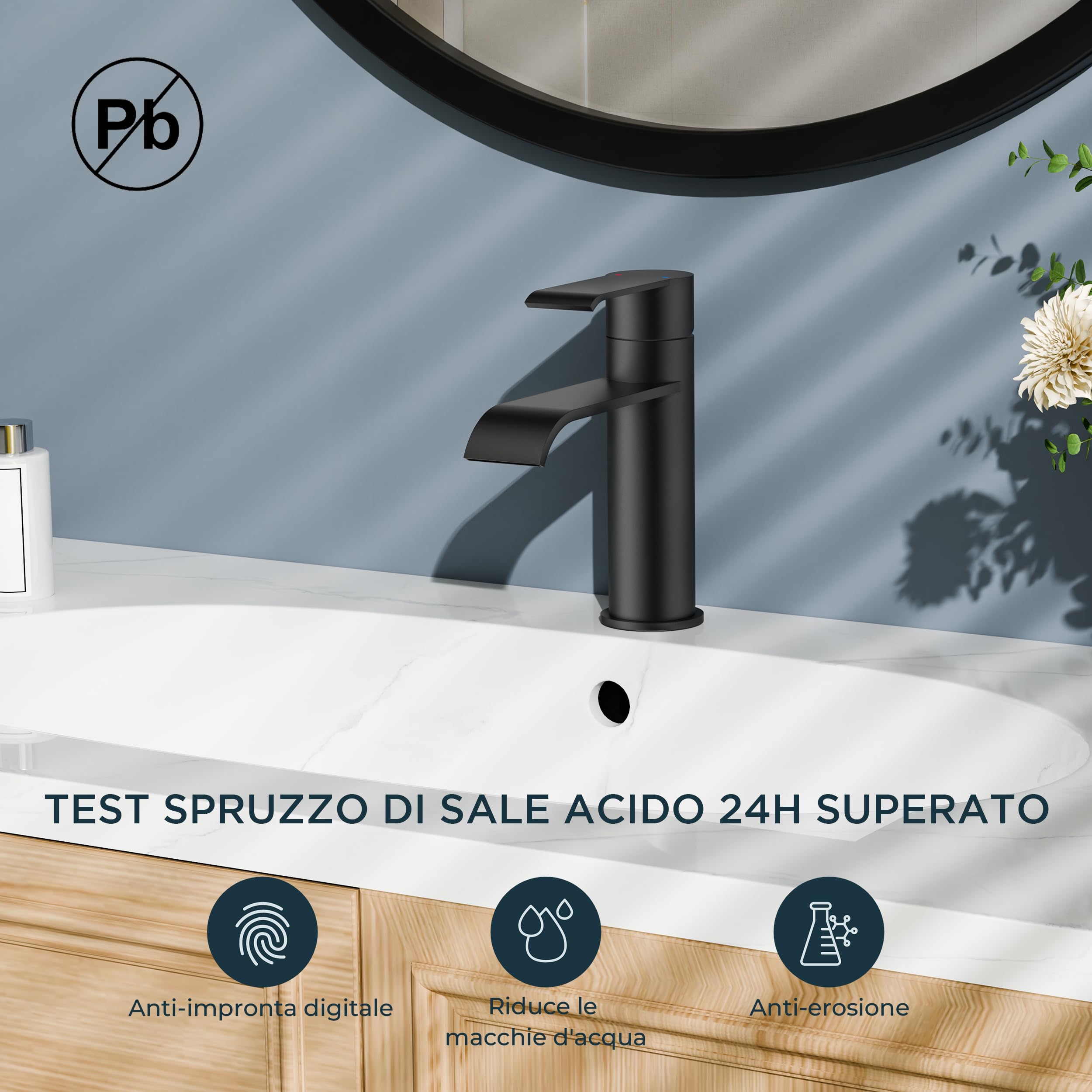 FORIOUS Rubinetto Bagno Lavabo Nero con Piletta, Miscelatore Monocomando, Rubinetto a Cascata con Altezza Beccuccio 98MM, Design Moderno