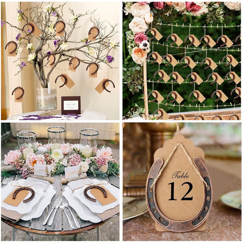 AerWo 20pcs Good Lucky Horse Shoes with Kraft Tag, Metal Mini Craft Horseshoes Decorations for Rustic Vintage Wedding Party Decor Western Party Decorations