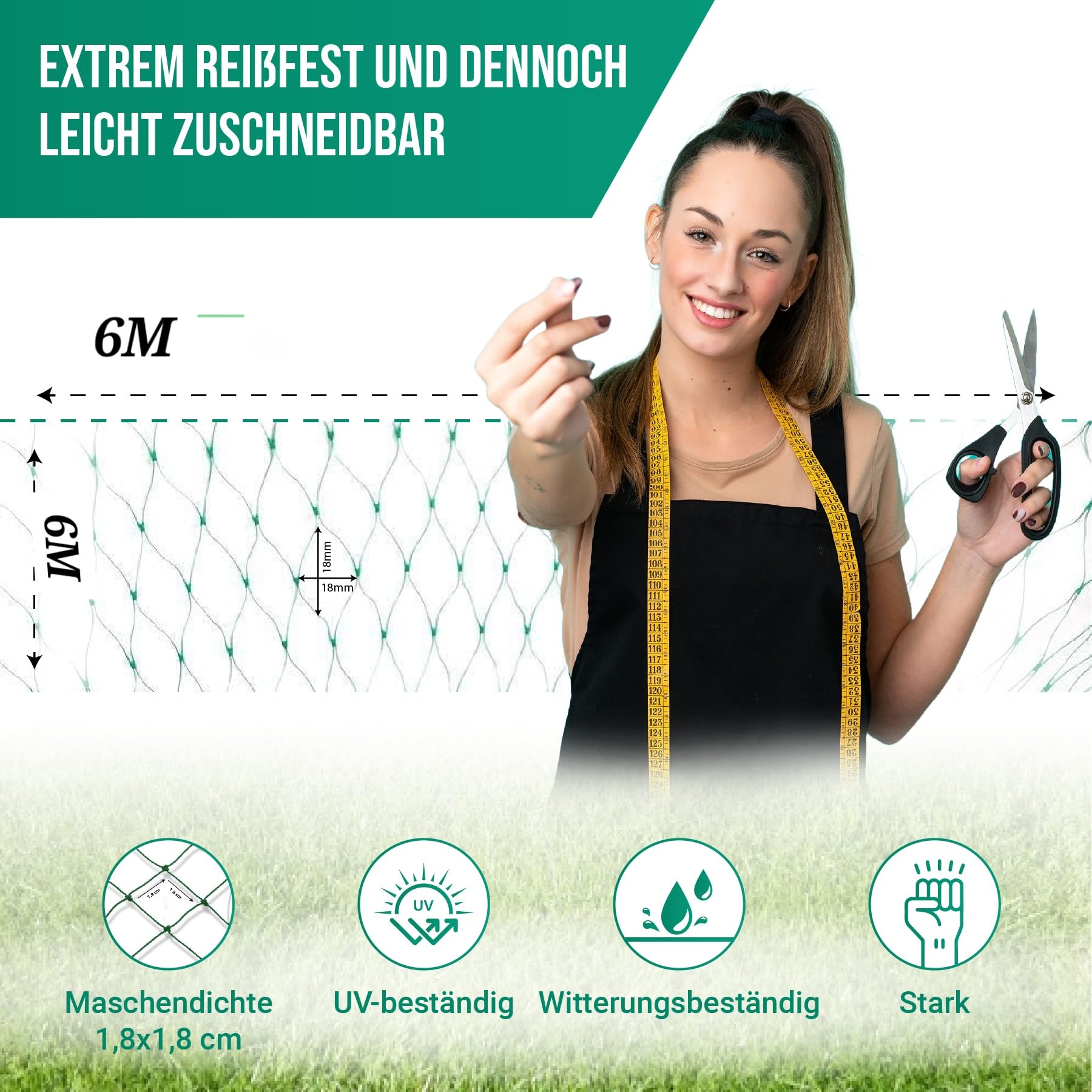 grünes Premium Nylon Vogelschutznetz 6x6m-Feinmaschiges (15x15mm) Teichnetz, Gartennetz, Langlebig, Wasserfest, UV und Wetterbeständig -Schutz vor Vögeln und Laub-Ideal für Obstbäume