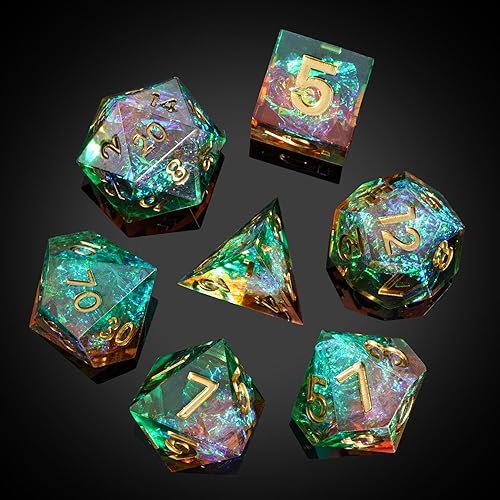Miniatura 5 de CRITALLIC Dados DND de bordes afilados, 7 dados poliédricos de galaxia con inclusiones de purpurina, dados D&D hechos a mano para juegos de mesa de