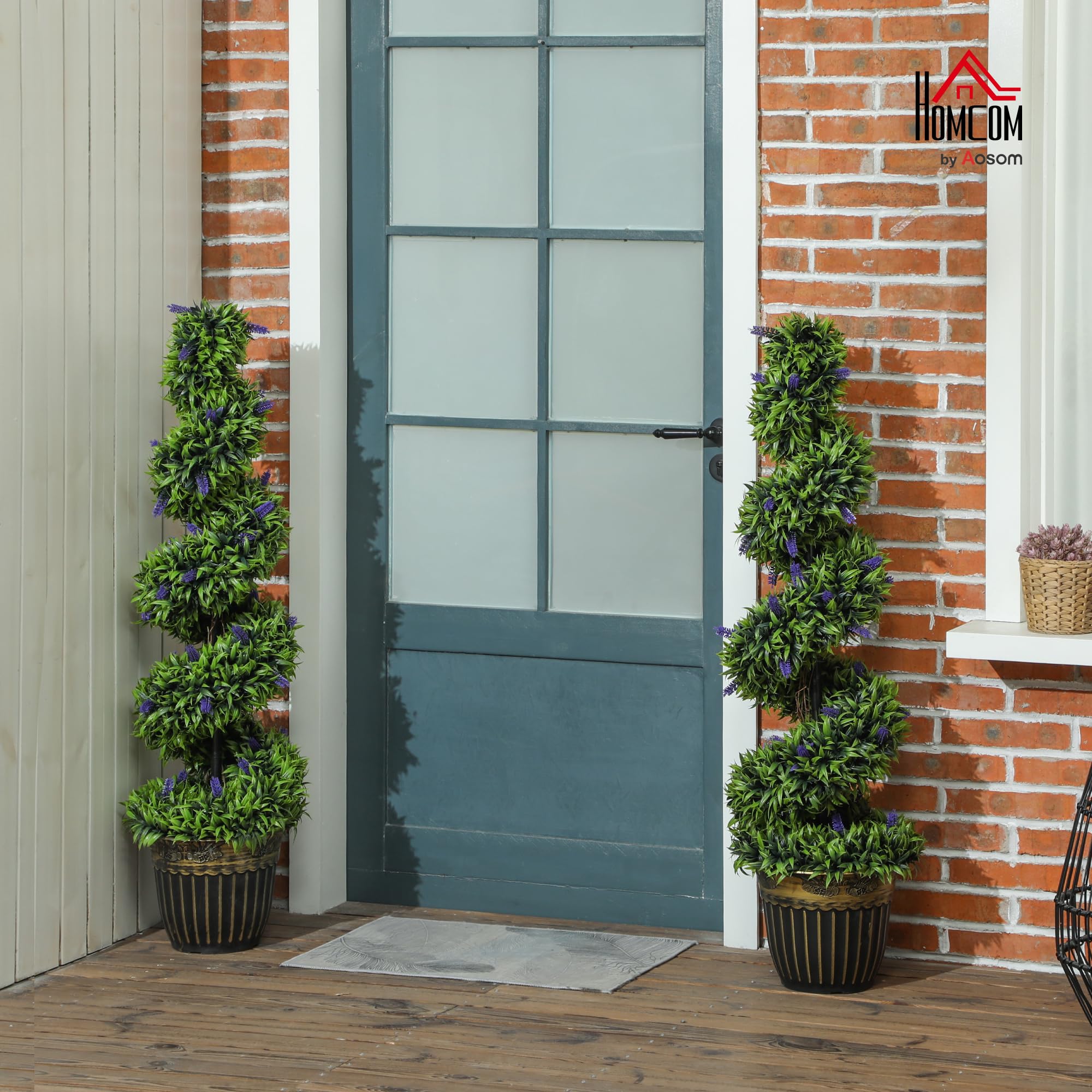 HOMCOM Set 2 Piante Finte da Interno di Bosso a Spirale 115cm Verde e Blu | Con Lavanda, 41 Fiori e Vaso, Piante Topiaria Artificiali da Esterni, Pianta Finta Anti-UV, Decorazione Casa, Giardino