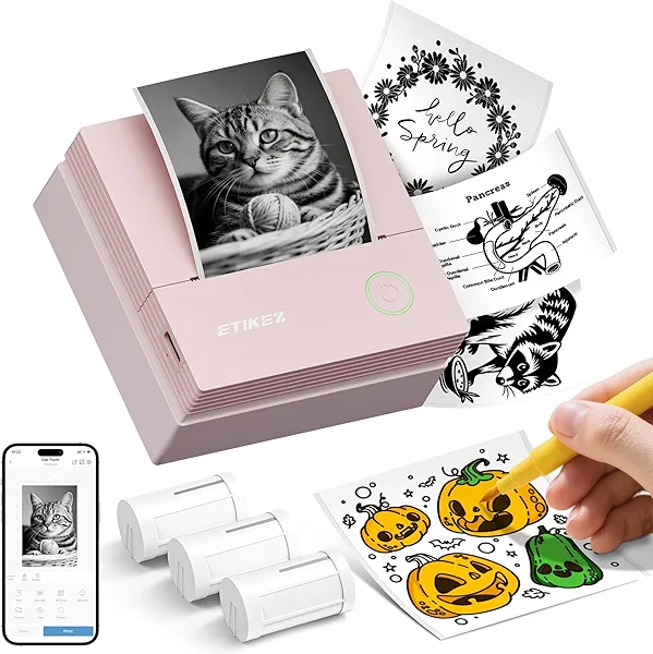 Sticker Printer, PM290C Thermal Mini Printer, Bluetooth Print Pod with 3 Rolls of Paper, Portable Print Pods for Phone & Tablet, Sticker Maker Machine for Notes, Photos, Journal, Light Pink