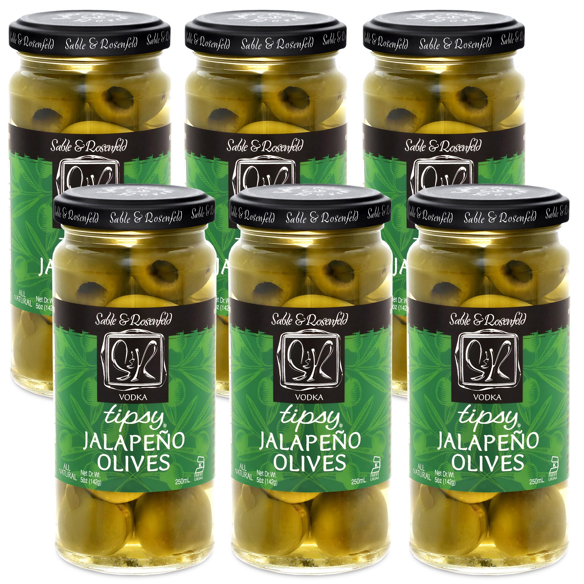 Sable & Rosenfeld Vodka Kicked Jalapeno Tipsy Olives, 5-Ounce Glass Jars (Pack of 6)