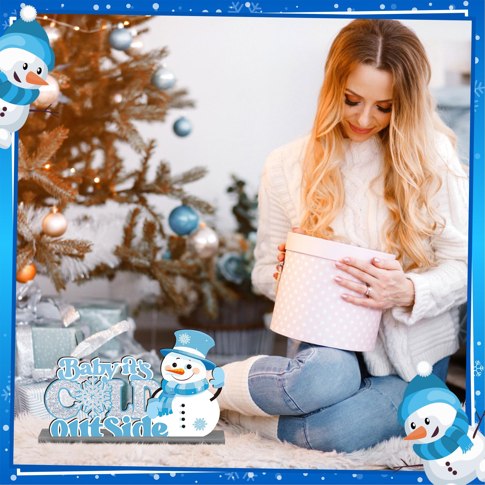 Wonderjune 6 piezas de decoración de mesa de invierno, copo de nieve, muñeco de nieve, centros de mesa de madera, decoraciones del país de las maravillas para fiestas de congelado, invierno, temática