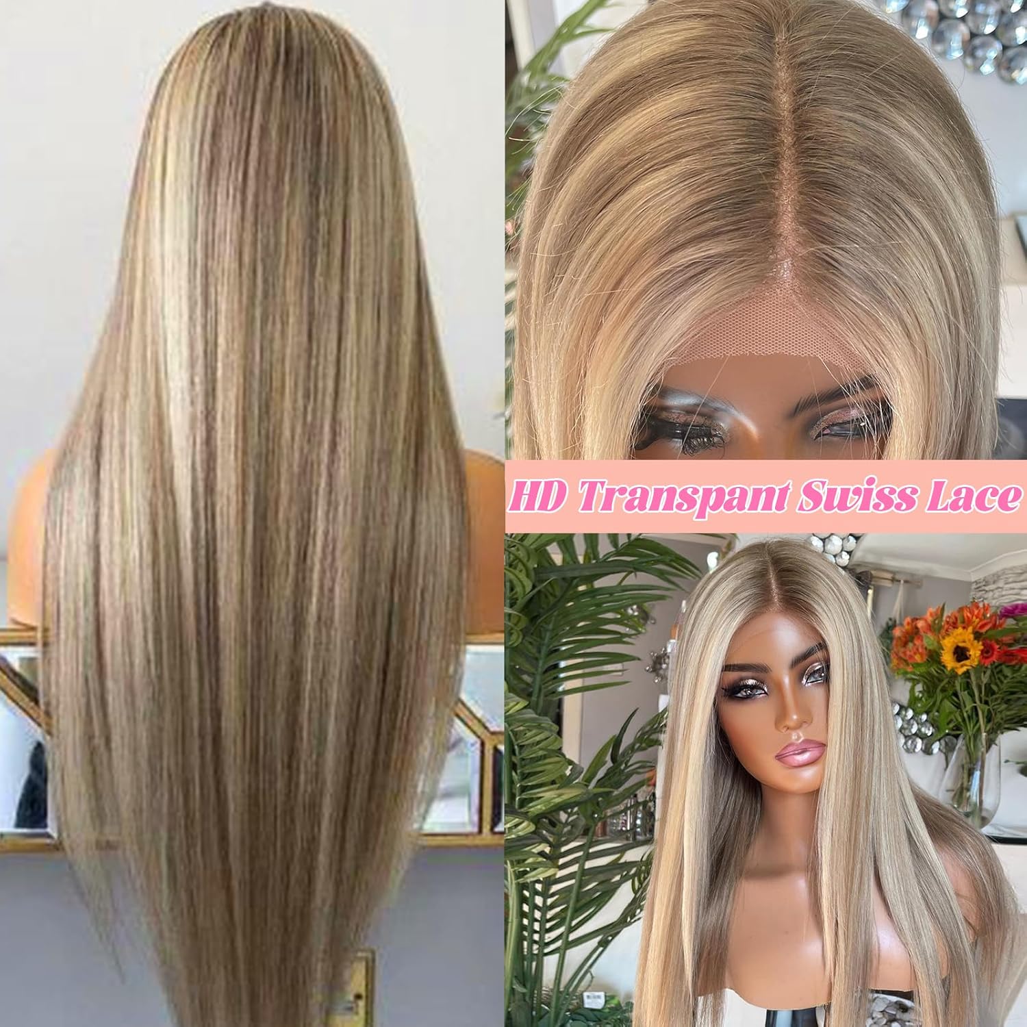 Glueless Highlight Ash Brown Lace Front Wig Human Hair,Highlights Ombre Ash Brown to Beige and Plaitnum Blonde 13X4 Transparent Lace Front Straight Wigs 9A Brazilian Vigin Hair Pre Plucked Hairline