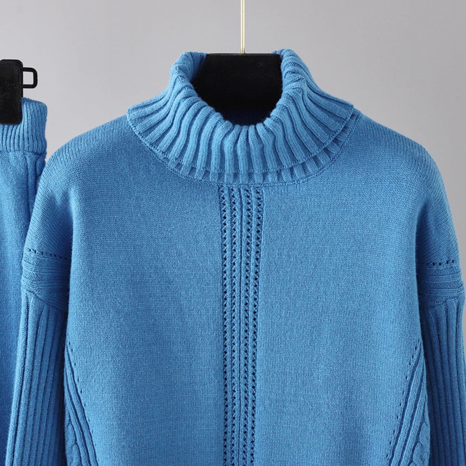 Jogginganzug Damen Hosenanzug Dunkelblau Damen lose beiläufige Hose mit weitem Bein gestrickt Stehkragen Pullover Zweiteiliger Anzug Outfit