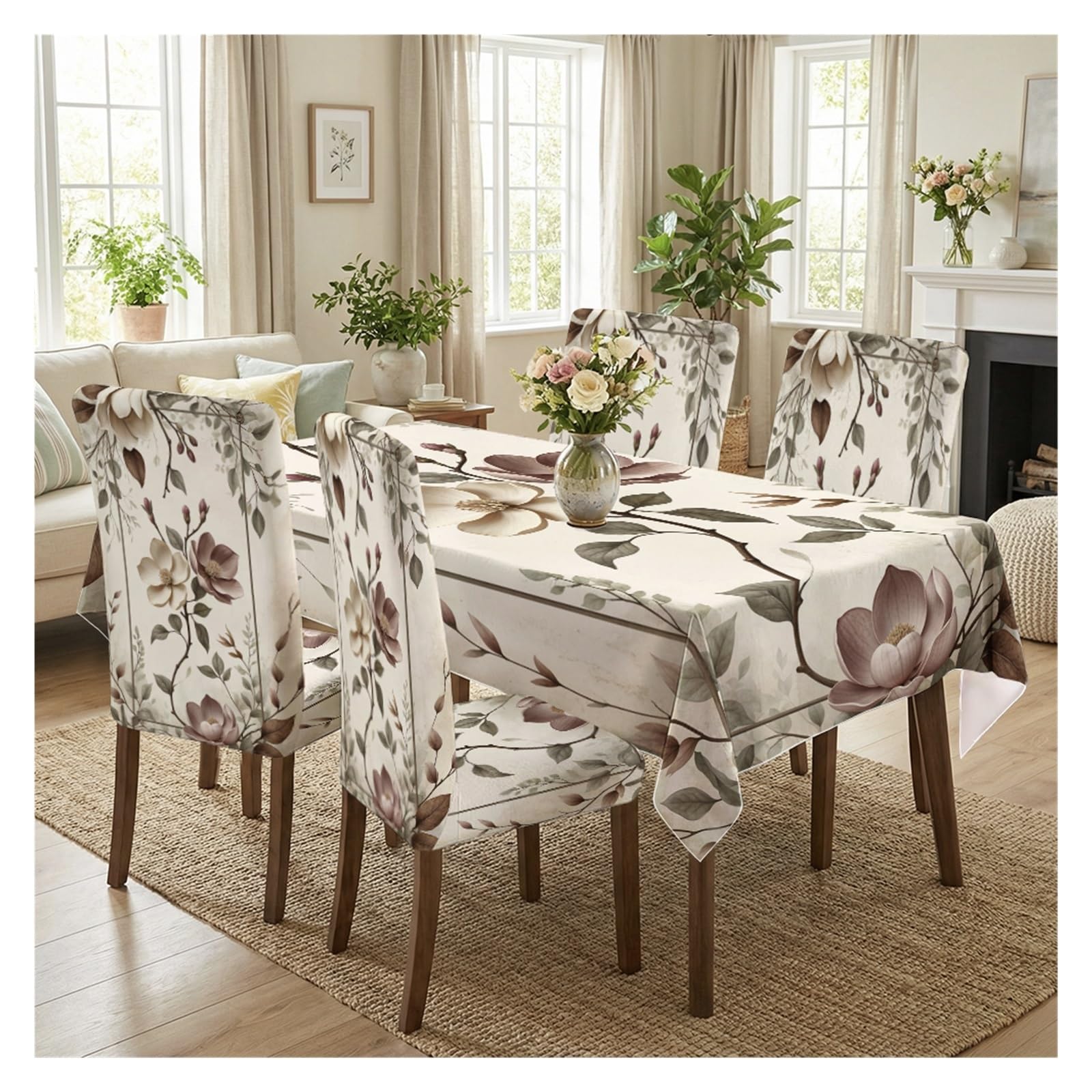 KXUAUV Vintage Neutral Magnolia Floral Print Dining Tablecloth & Chair Covers Set, 5/7 Piece Rustic Farmhouse Dining Decor Party Decor(5pcs Set: Tablecloth+Chair Covers)