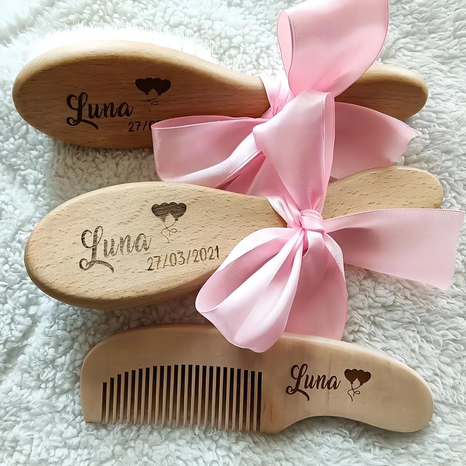 Set Da 3 Pezzi Set Di Spazzole E Pettini Personalizzati Personalizzati For Neonati, Spazzola For Capelli For Bambini, Pettine In Legno Bambini, Cuffia For Culla, Spazzola Con Setole Di Capra Naturali
