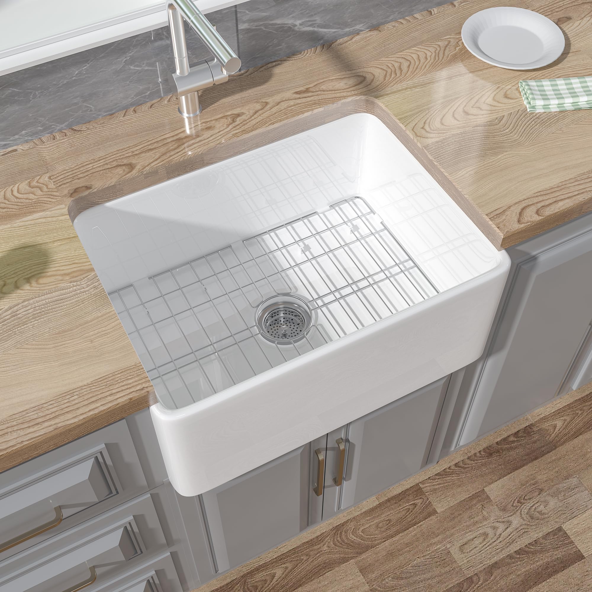 Photo 1 of HOMLYLINK Small Farmhouse Sink 24 x 17 Inch Farm Sink White Farmhouse Sink Sleek Front Apron Sink Farmhouse Kitchen Sink Single Bowl Fireclay Sink Undermount Farmer Sink Custom Accessories Included 24"x17"x10" White