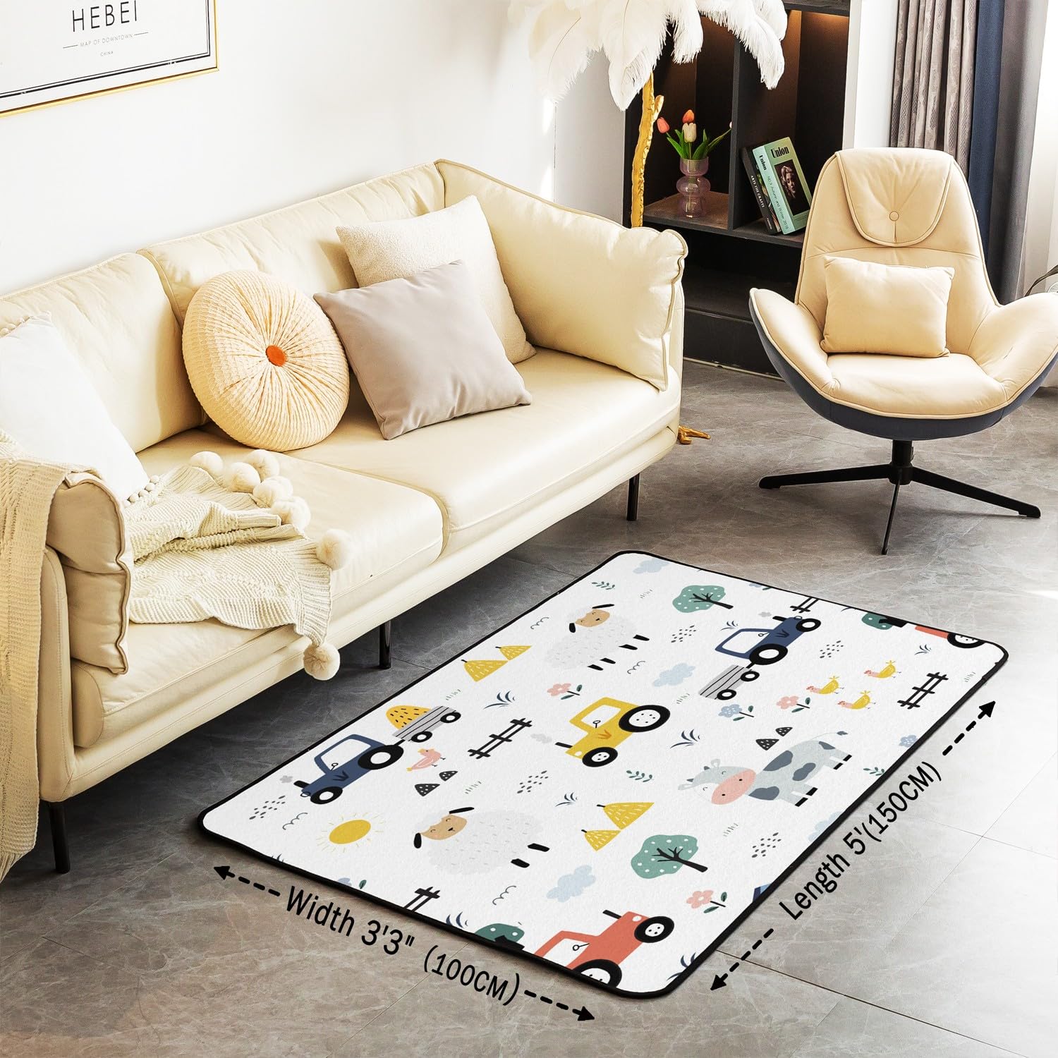 Loussiesd Tractor Decor Carpet Area Rug 100 * 150cm Cartoon Farm Equipment Trucks Living Room Rugs for Kids Boys Girls Decor Farm Animal Accent Rug Microfiber Farm Nursery Decor Decor Rug - Image 2