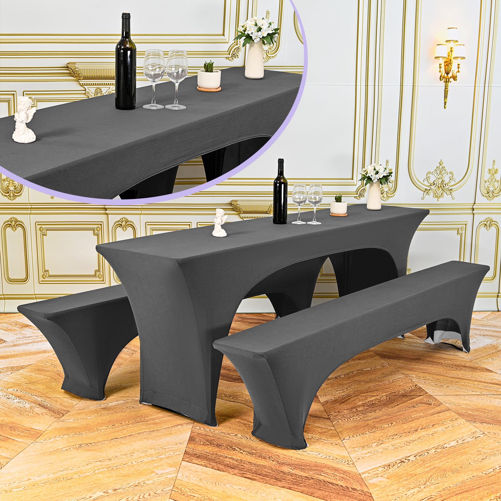 Showgeous 3 Stück dunkelgraue Biertischhussen Stretch-Biertisch- und Hockerhussen-Set für 50 cm Tischbreite Bierzelt-Set 220 x 50 x 80 cm für Bankett-Gartenmöbel im Freien (6er-Pack)