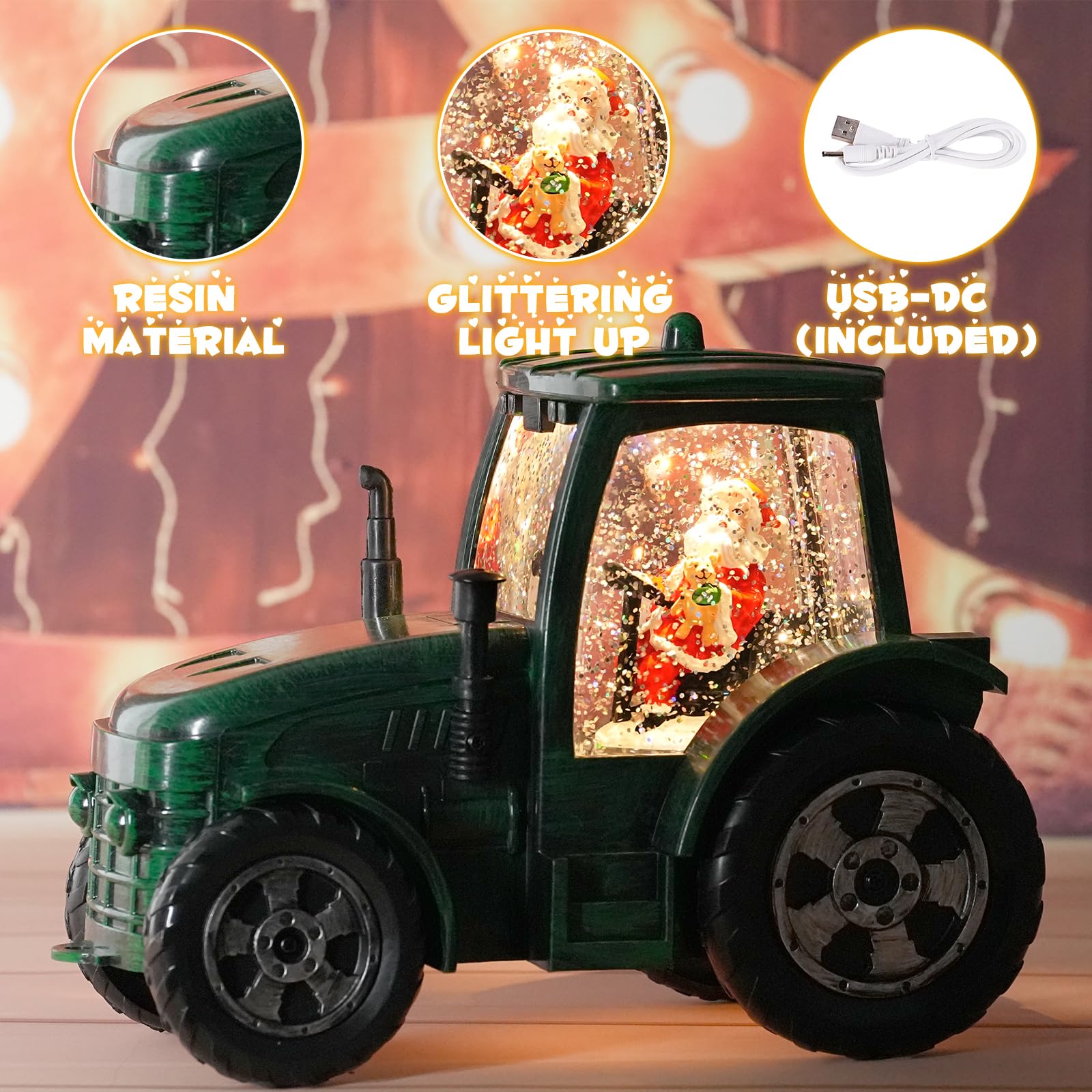 Boule à Neige de Noël, Tracteur Vert, minuterie 6h, Lanterne de Noël Musicale éclairée par Piles et USB, décoration de Noël à Paillettes, Cadeaux pour Vieil Homme, père
