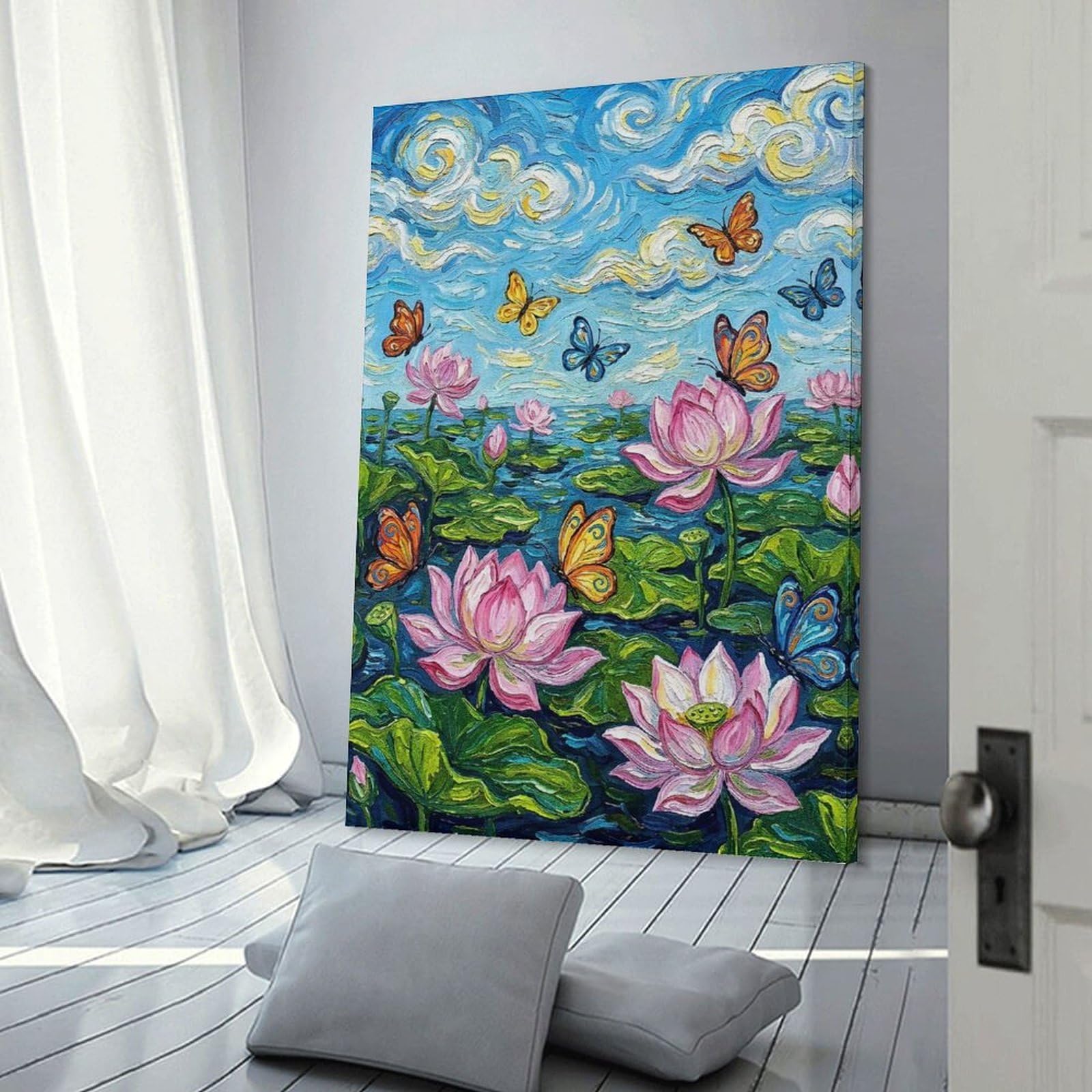 Junmoney Wall Picture Print Lotus Flowers And Butterflies Painting, 16x24inch(40x60cm), for Workspace Walls, Study Corners Or Bedrooms, A Smart Decor Choice for Study Walls