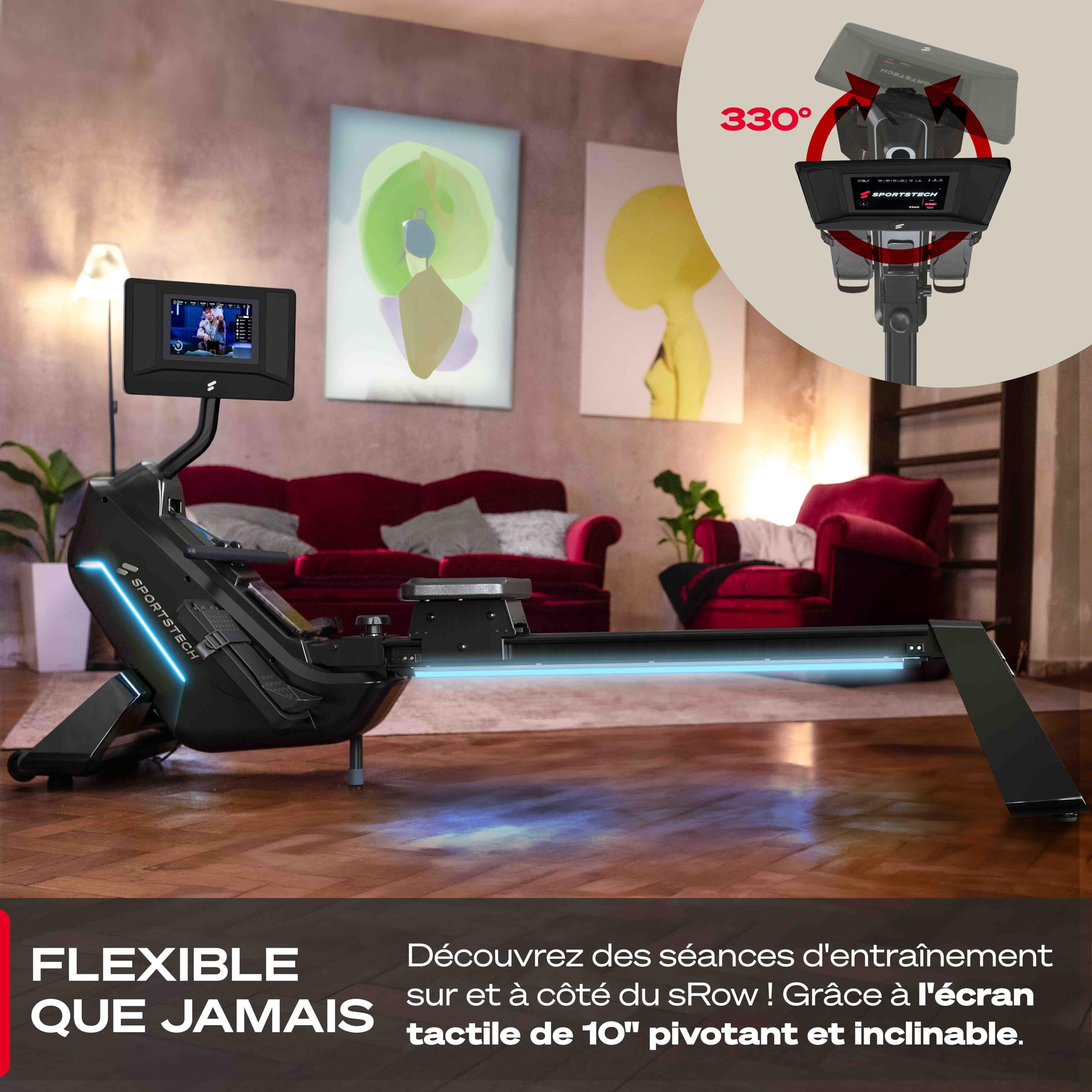 Rameur Premium Sportstech pour la Maison avec écran Tactile, avec 1 an d'App STL Incluse, Marque Allemande, appli avec Cours & entraînements, rameur Pliable avec Technologie LED, sRow