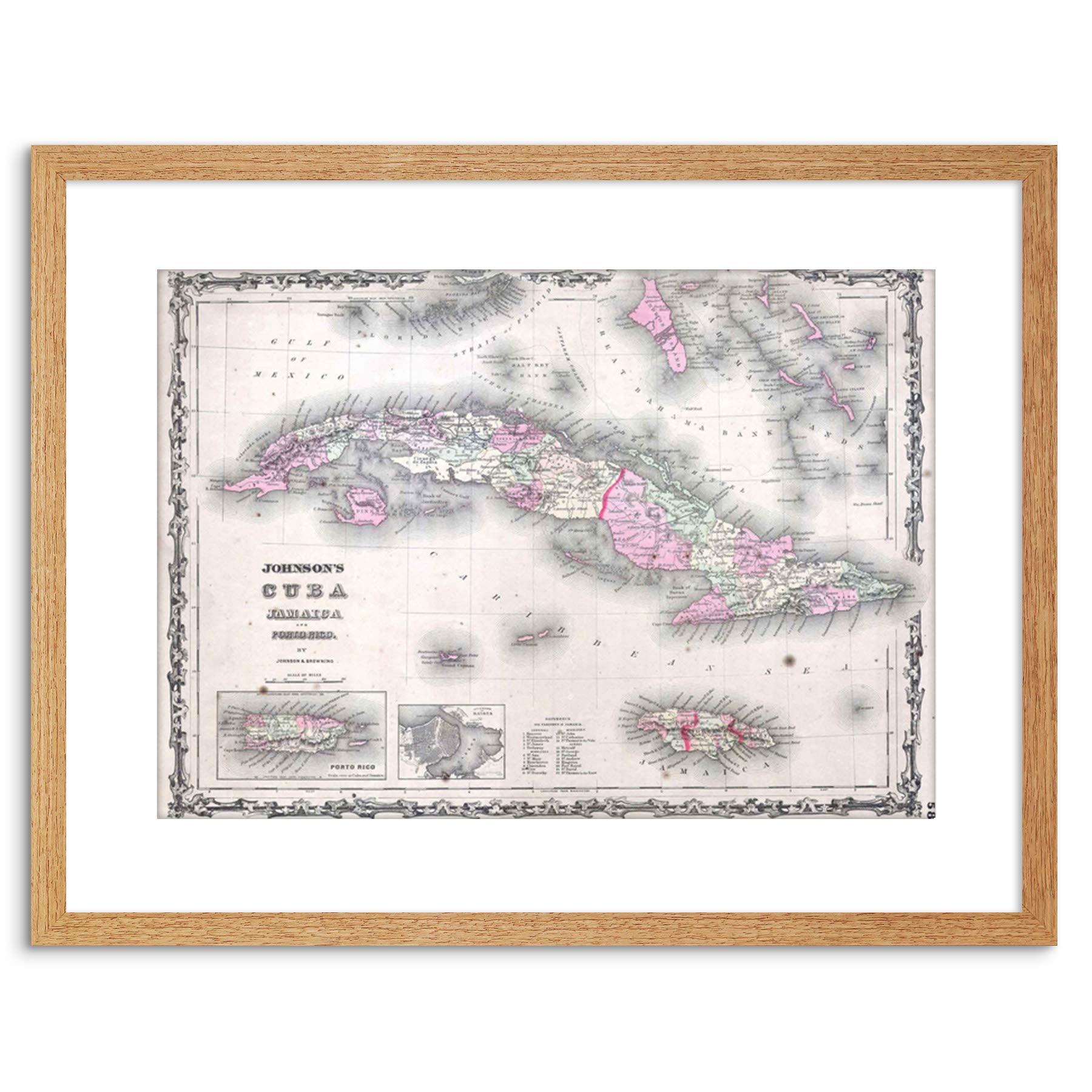 Wee Blue Coo Map Antique Johnson Cuba Jamaica Framed Wall Art Print
