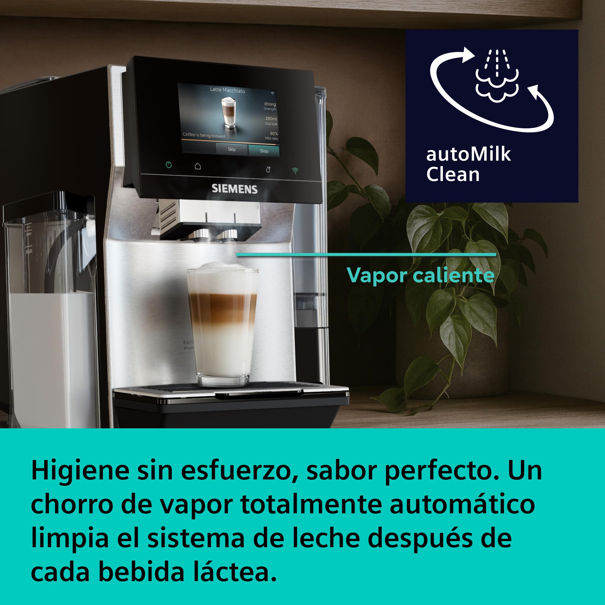 SIEMENS, Cafetera Superautomática, EQ700 iAroma, pantalla táctil, depósito de leche integrado, calentador de tazas, Cold Brew y Slow Brew, app Home Connect, acero inoxidable negro, TQ727E03