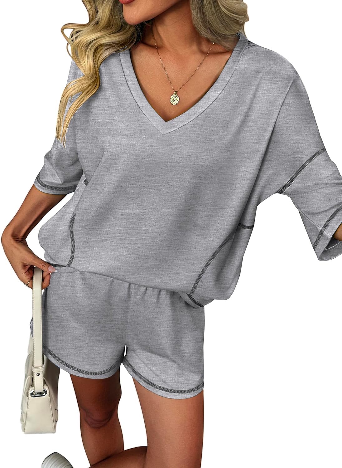 Ekouaer Two Piece Sets for Women Summer Lounge Sets 2026 Striped Shirts and Shorts Set Oversized Matching Outfit - Image 2