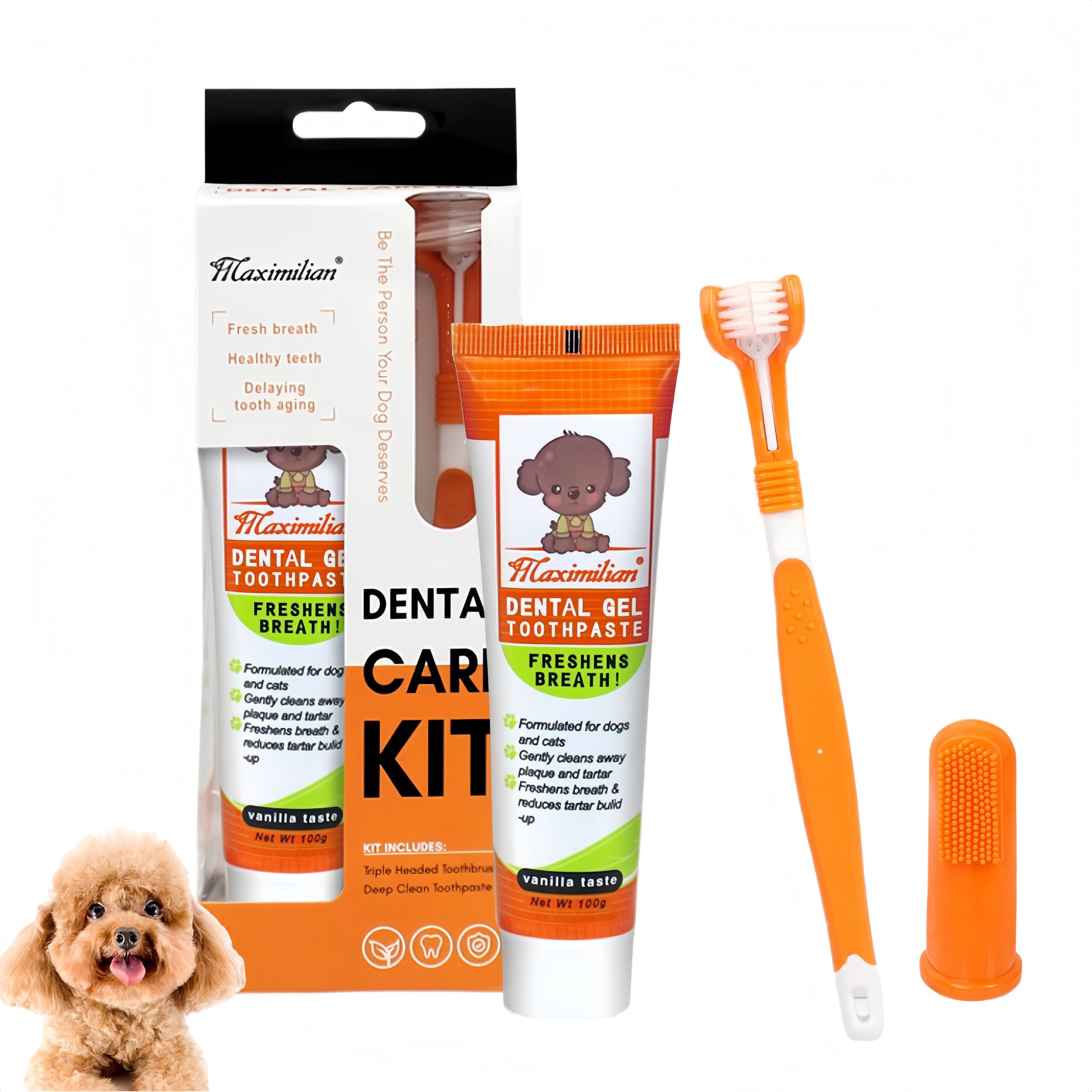 Dog & Cat Toothpaste Kit with Toothbrush & Finger Brush – 100g Vanilla Flavor Pet Toothpaste – Helps Reduce Plaque, Freshen Breath & Support Healthy Gums – Puppy & Adult Pet Dental Care