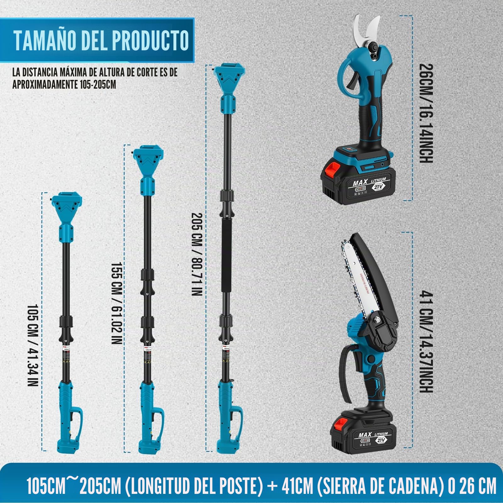 Podadora de pértiga inalámbrica 4 en 1 con mango telescópico - Motosierra de 6 pulgadas + tijera de podar de 32 mm + tijera de podar - Ángulo ajustable 180° - 2 baterías de 2,0 Ah para corte de árbole