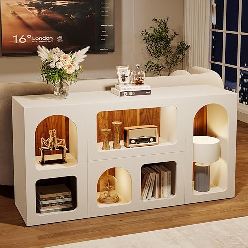 Miniatura 3 de Tribesigns Mesa consola blanca de 59 pulgadas, moderna mesa de entrada, organizador de almacenamiento de madera con 6 compartimentos, mesa larga