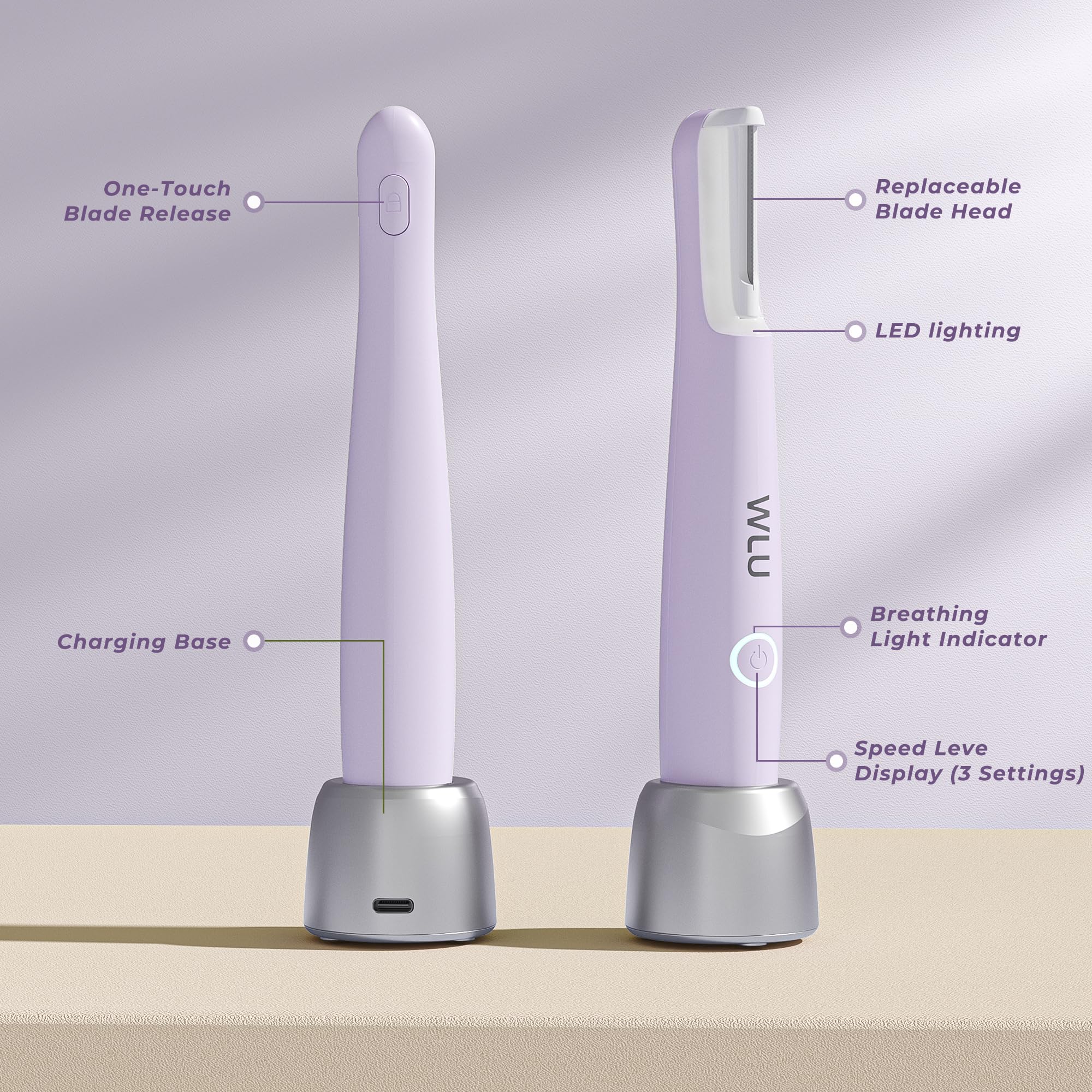 WLU - Rasoio per il viso da donna, strumento ricaricabile per il dermaplaning del viso, per peli di pesca, rimozione dei peli del viso e dell'esfoliazione, tecnologia sonica con luce LED, 3 velocità e