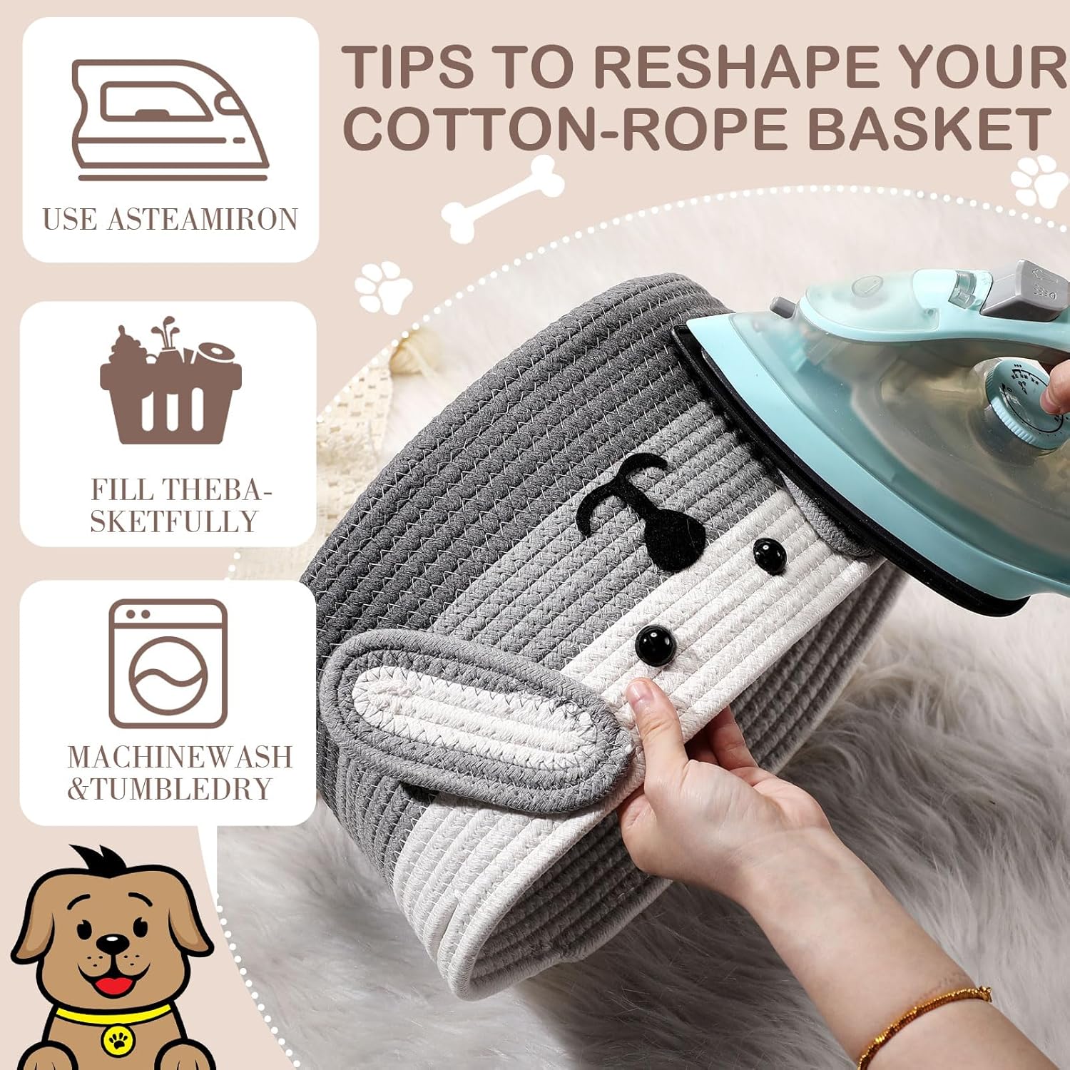 Zopeal Dog Woven Basket, 11.8" D x 6.7" H Cotton Rope Toy Storage Organizer, Dog Mom Gift Empty, Cute Laundry Puppy Gift Animal Basket for Clothes, Towels, Toy, Laundry, Bathroom, Home(White, Gray)