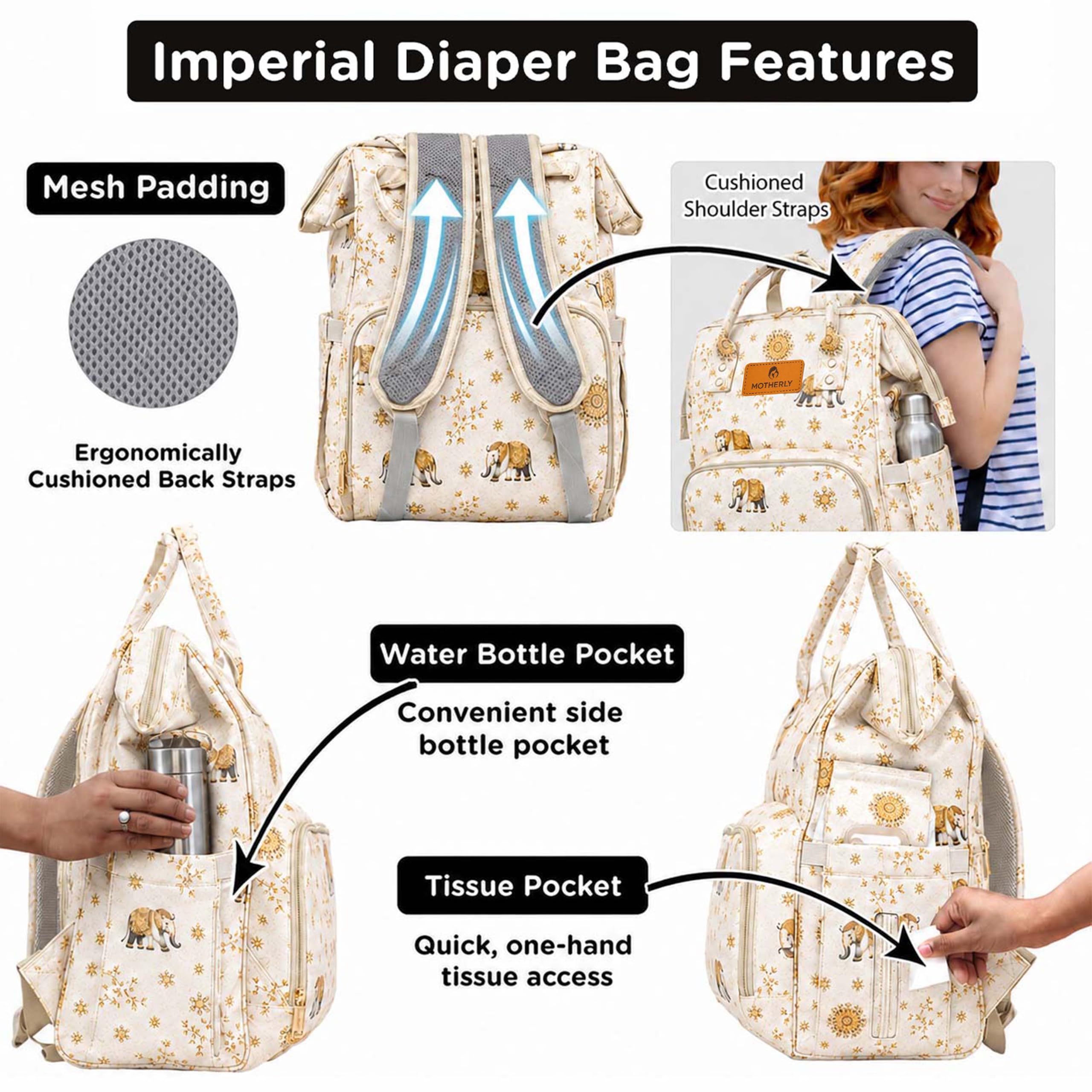 Motherly Patented Diaper Bag Backpack for Moms | Waterproof Baby Travel & Maternity Bag | Spacious Nappy Bag with Multiple Compartments, Insulated Bottle Pockets & Warranty (Elegnat, Unicorn Grey 2) 3