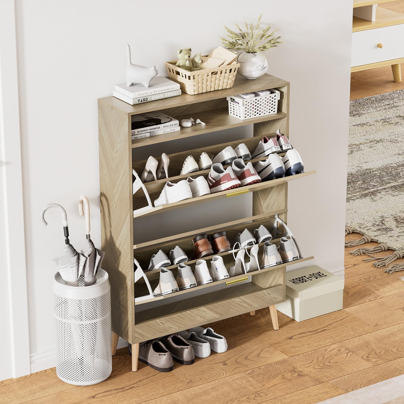 Zapatero Estrecho con 2 Puertas, Zapatero Recibidor para 12 Pares, Armario Zapateros de Madera para Pasillo y Sala de Estar, 80 x 24 x 115 cm