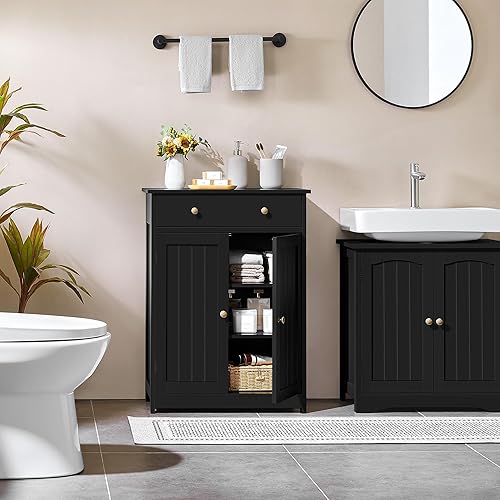 Miniatura 2 de Yaheetech Armario de almacenamiento de baño con 1 cajón y 2 puertas, armario de piso de baño con estante ajustable, unidades de almacenamiento de