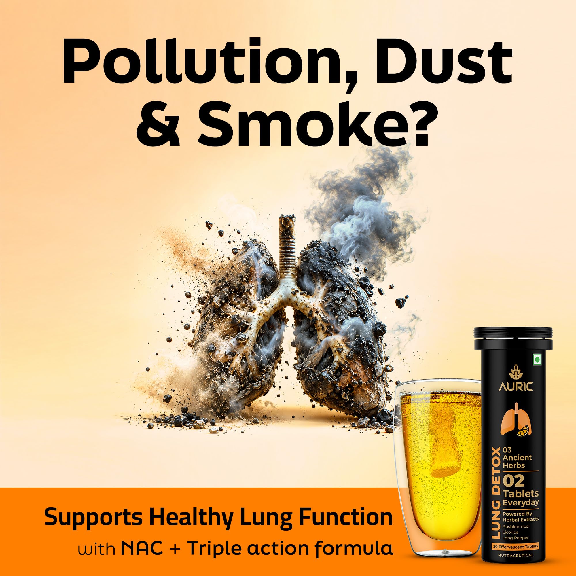 Auric Lung Detox Effervescent Tablets with NAC & 3 Ancient Herbs | Supports Lung Health & Antioxidant Defence | Daily Respiratory Wellness | Orange Flavour | 80 Tablets — Amazon image 2