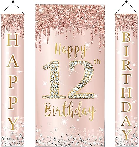 Cartel decorativo para puerta de cumpleaños número 12 para niñas, color oro rosa y rosa dorado 12 cumpleaños cubierta de puerta y suministros de