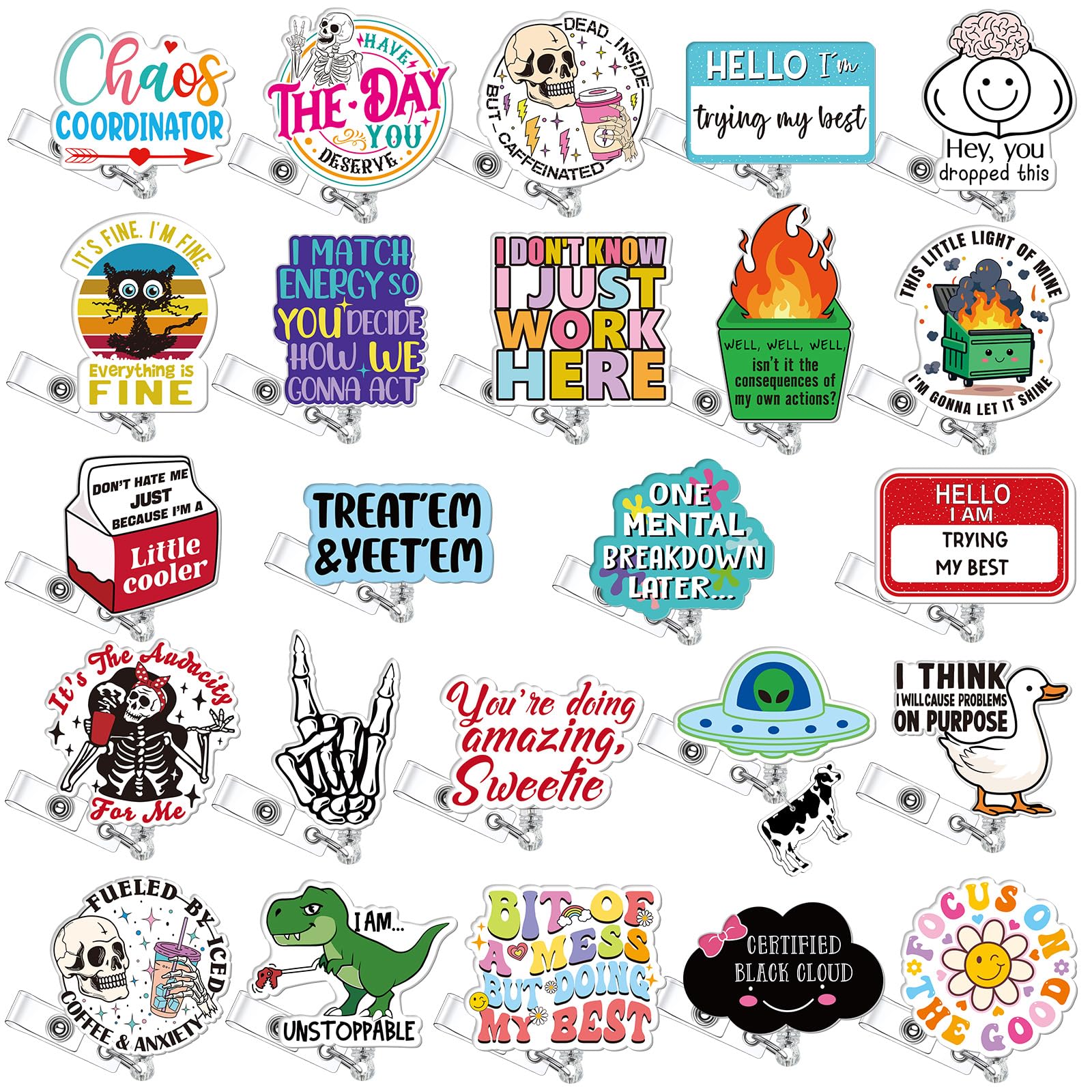 24 Pcs Funny Badge Reel Nurse Cute Retractable Name ID Clip Badge Holder for Doctor Student Medical Assistant Coworker Work Accessories Bulk Gifts(Funny Style)